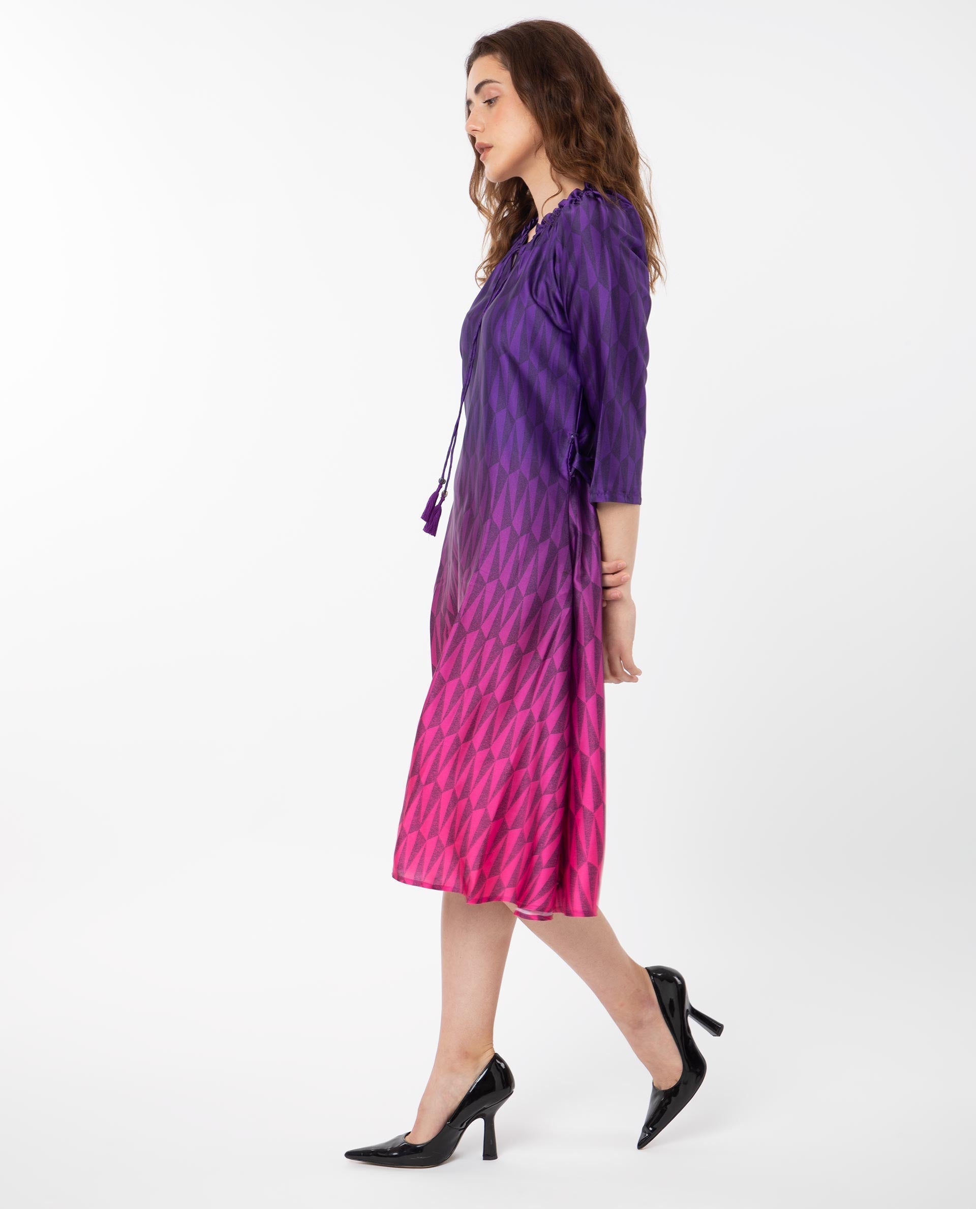Rareism Women's Shaw Pink Polyester Tie-Up Neck Ombre Knee Length Regular Fit Dress