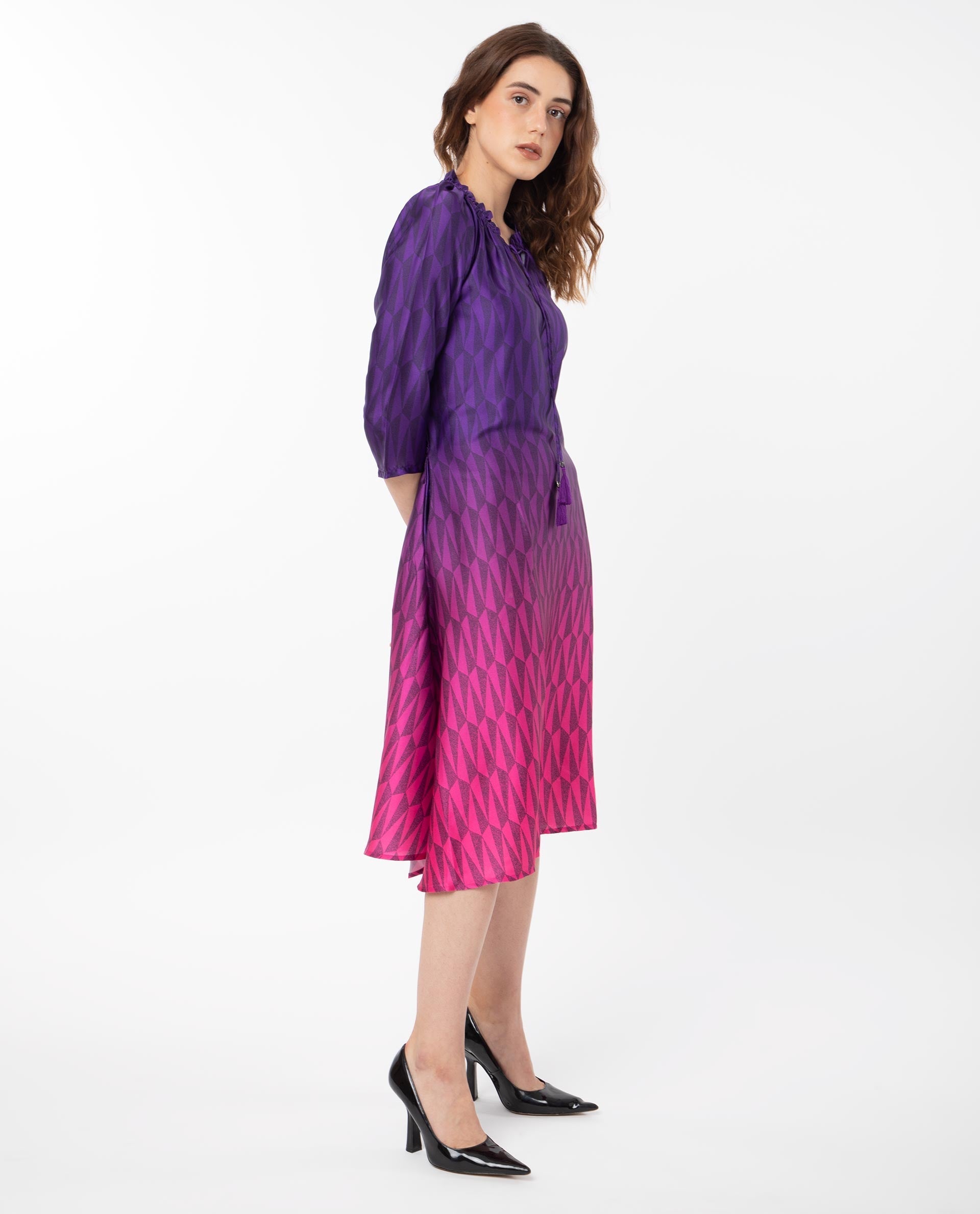 Rareism Women's Shaw Pink Polyester Tie-Up Neck Ombre Knee Length Regular Fit Dress