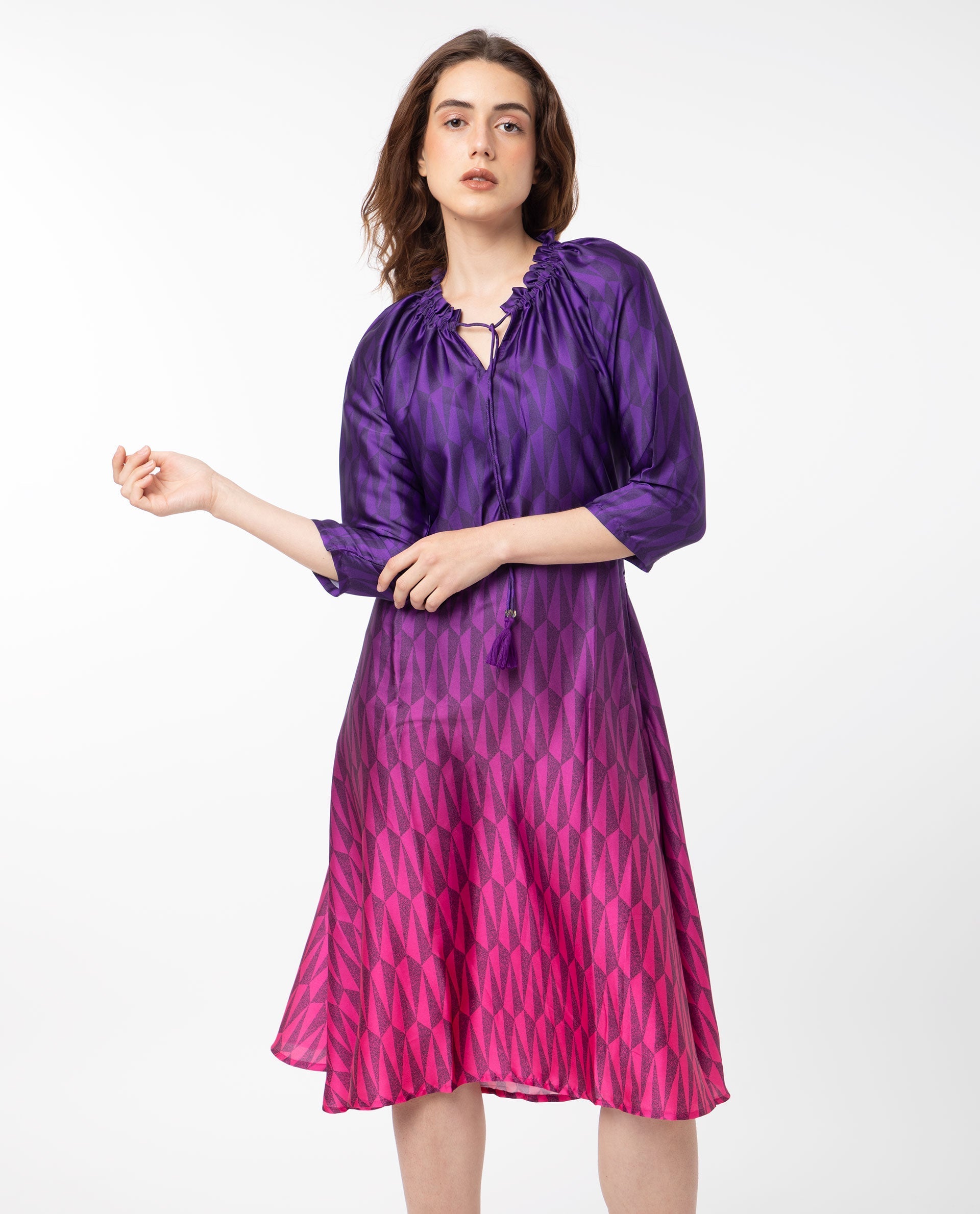 Rareism Women's Shaw Pink Polyester Tie-Up Neck Ombre Knee Length Regular Fit Dress