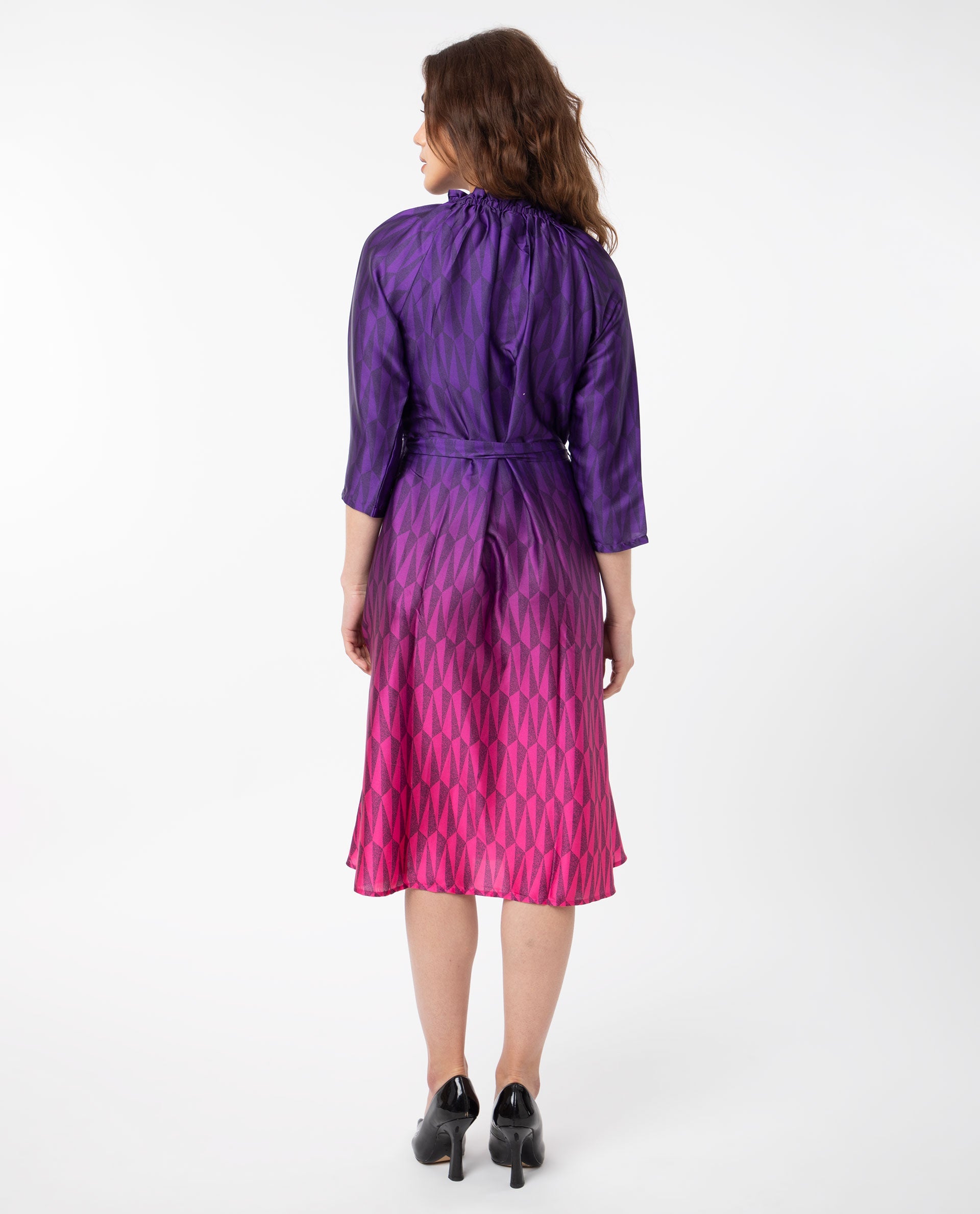 Rareism Women's Shaw Pink Polyester Tie-Up Neck Ombre Knee Length Regular Fit Dress