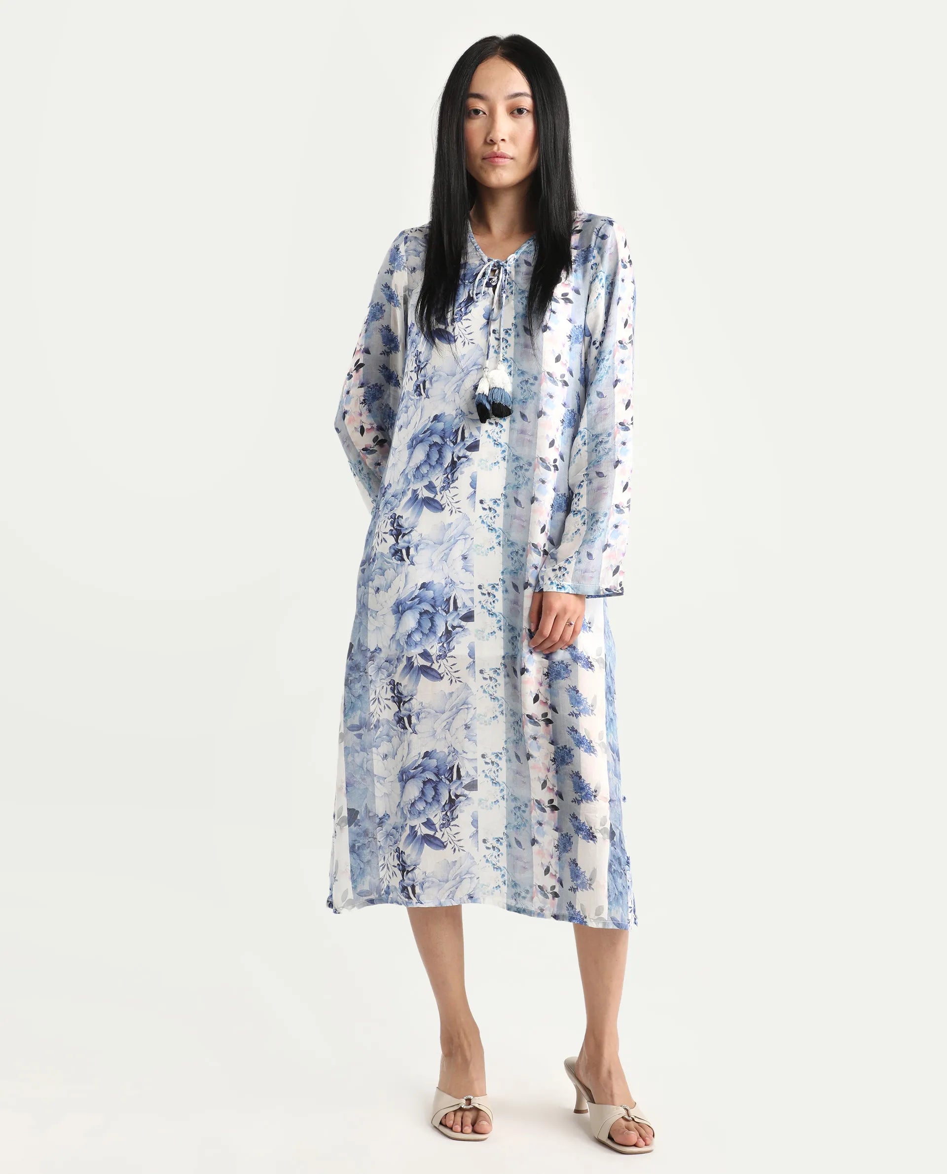 Rareism Women's Shay Blue Modal Tie-Up Neck Floral Print Knee Length Relaxed Fit Shrug