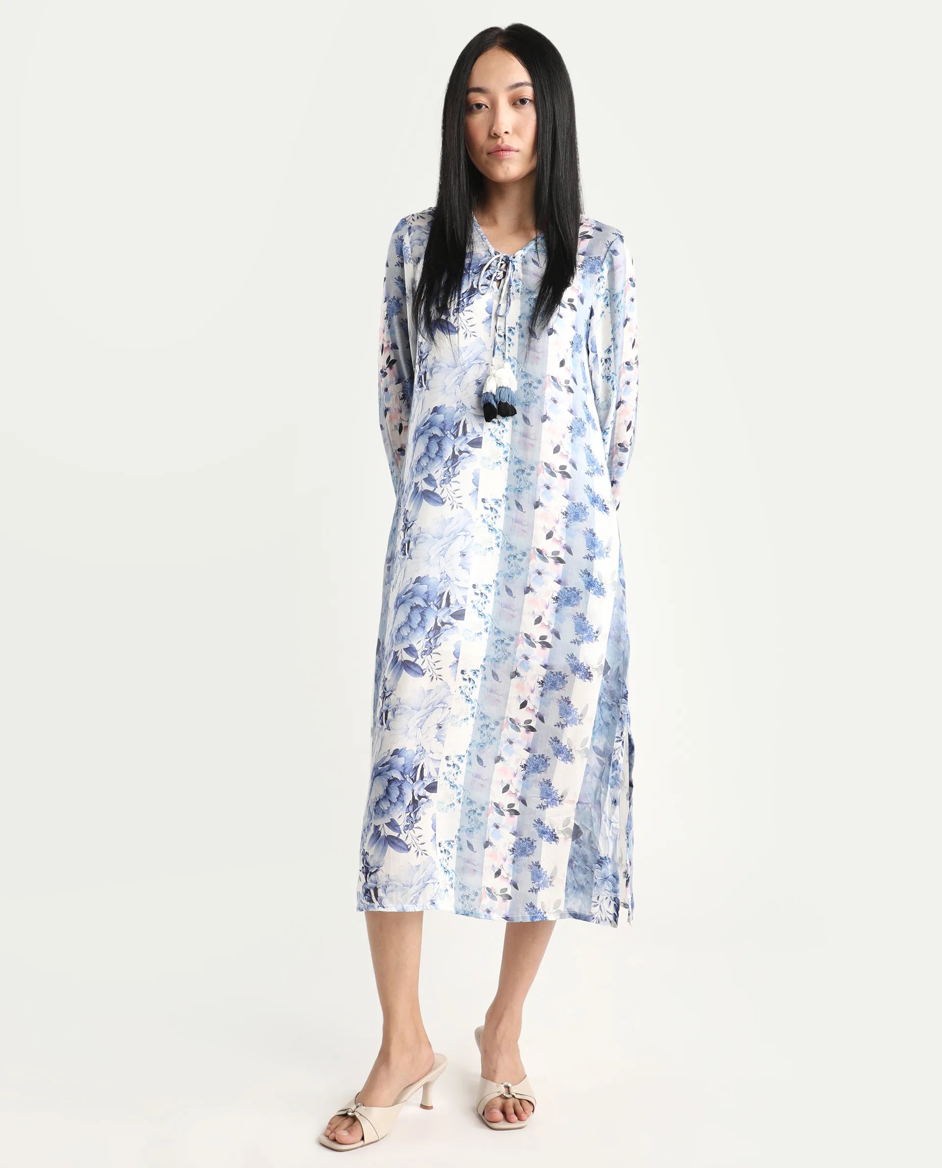Rareism Women's Shay Blue Modal Tie-Up Neck Floral Print Knee Length Relaxed Fit Shrug