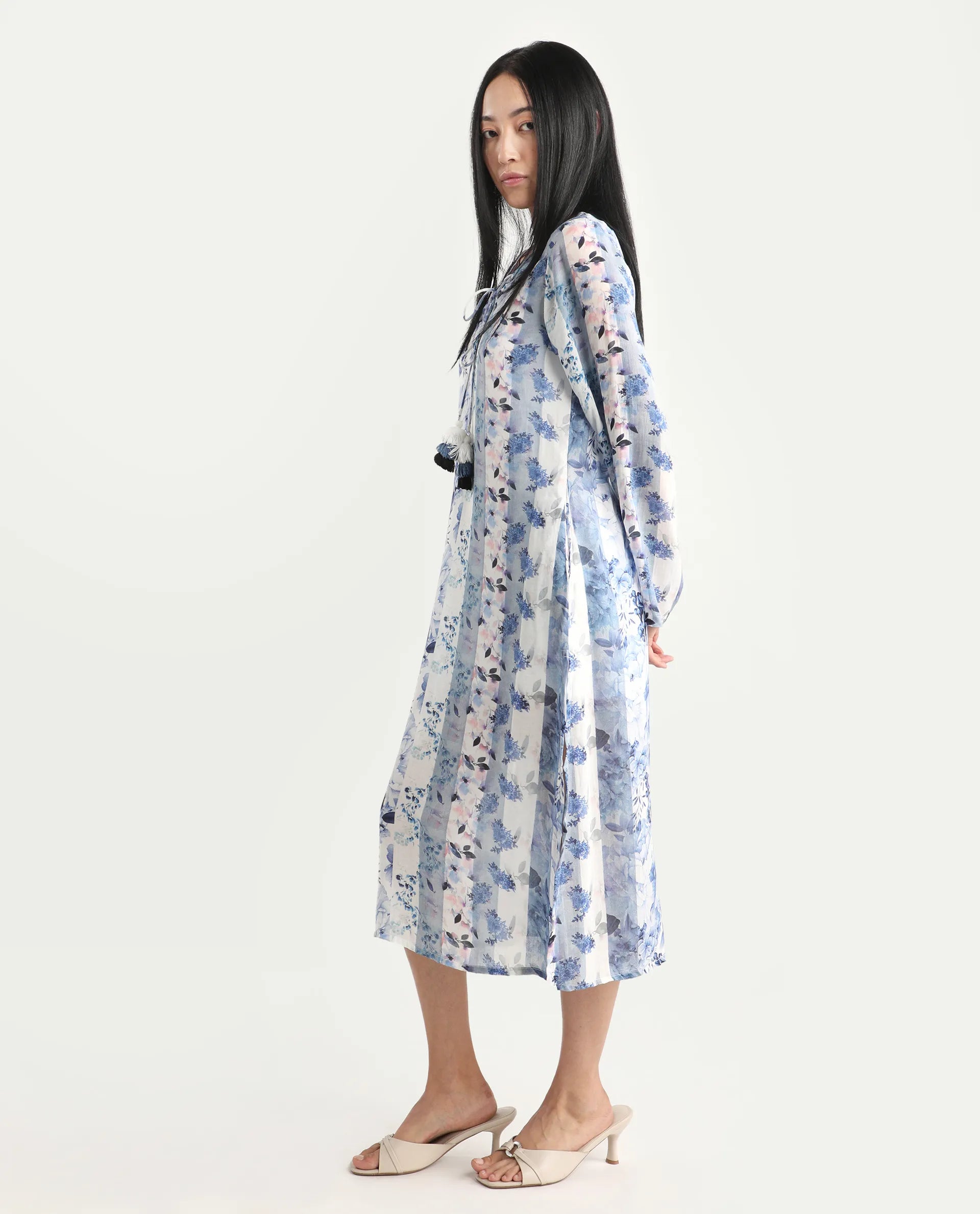 Rareism Women's Shay Blue Modal Tie-Up Neck Floral Print Knee Length Relaxed Fit Shrug