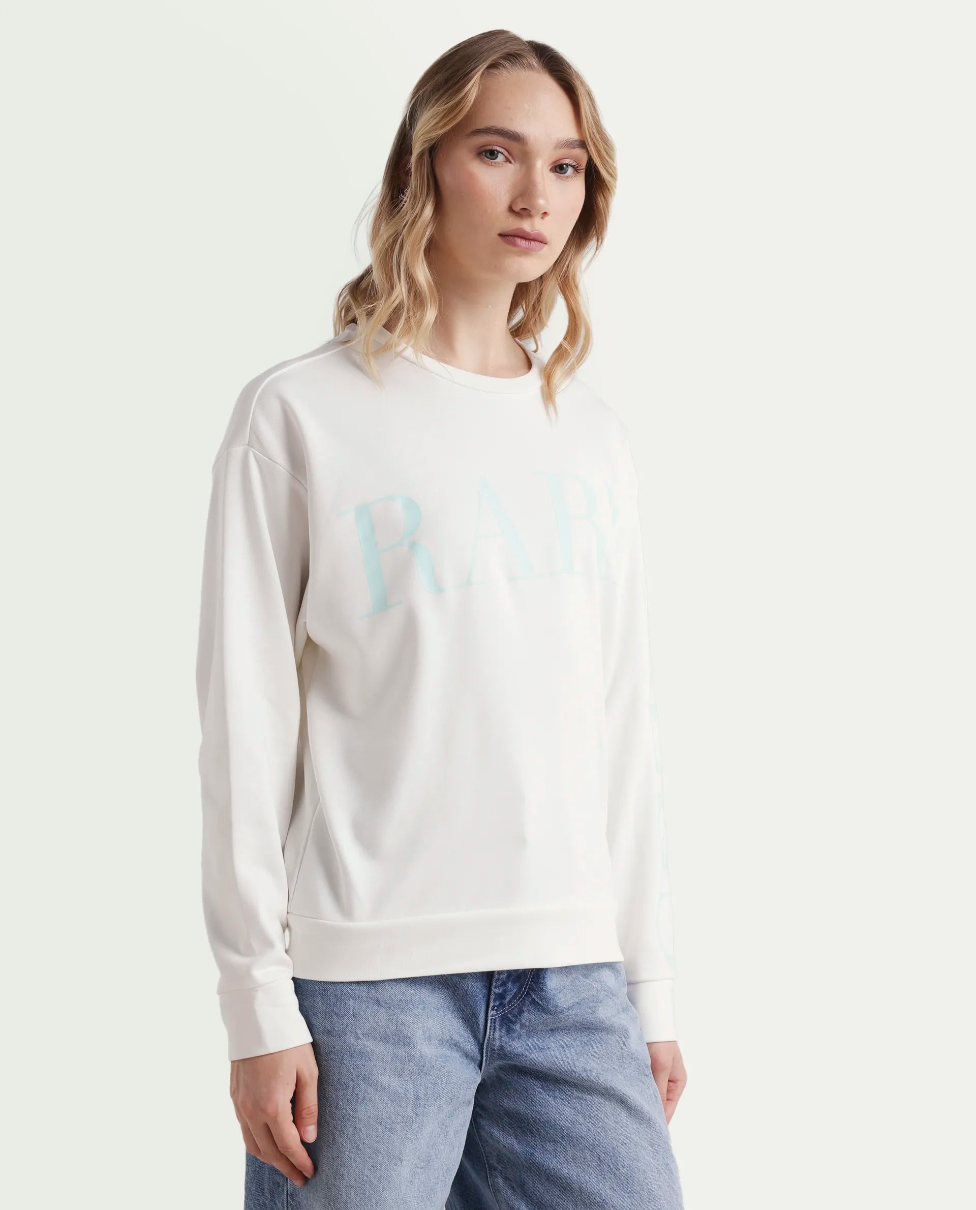 Rareism Women's Shelly Off White Polyester Blend Crew Neck Graphic Print Cuffed Sleeve Relaxed Fit Sweatshirt