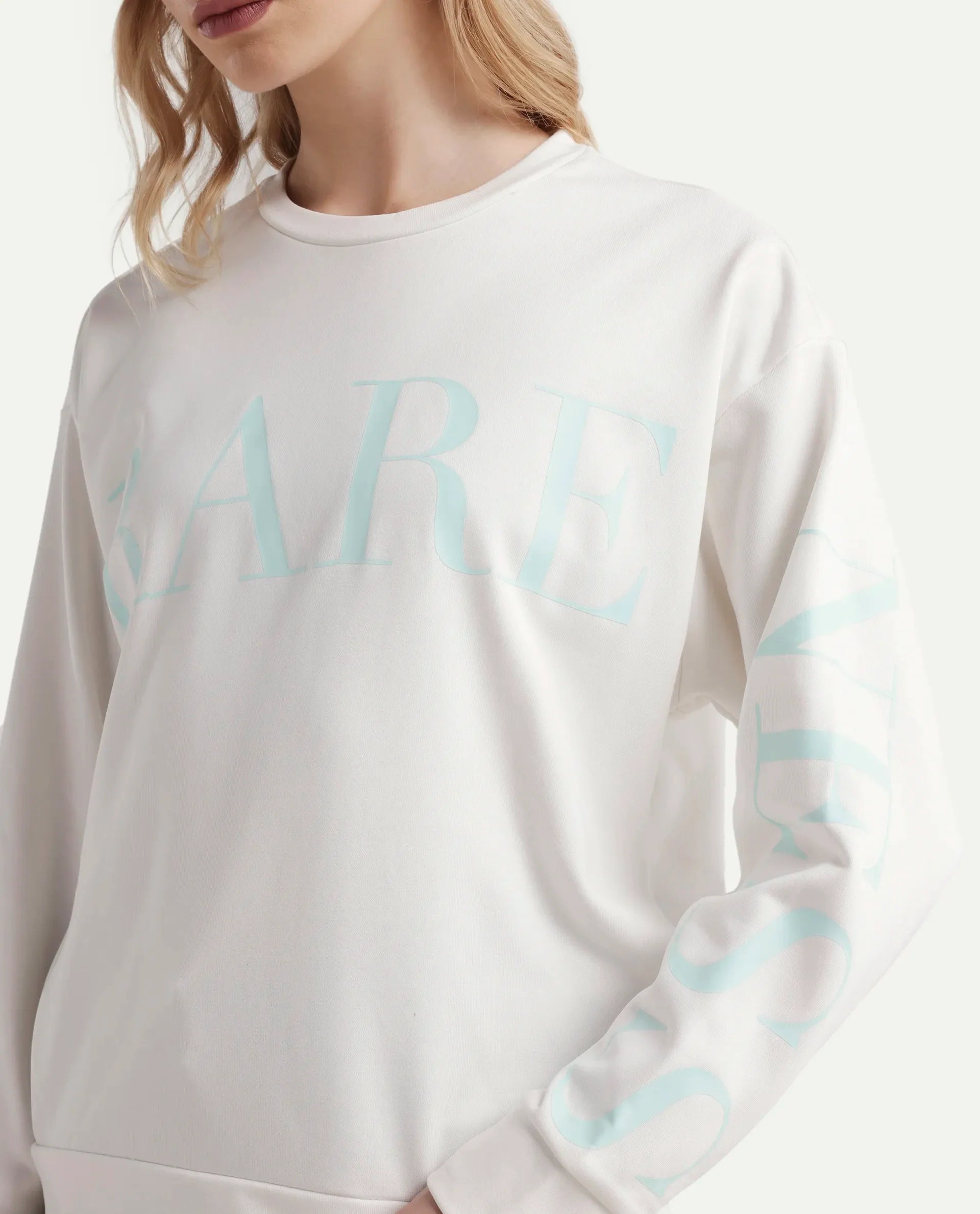 Rareism Women's Shelly Off White Polyester Blend Crew Neck Graphic Print Cuffed Sleeve Relaxed Fit Sweatshirt
