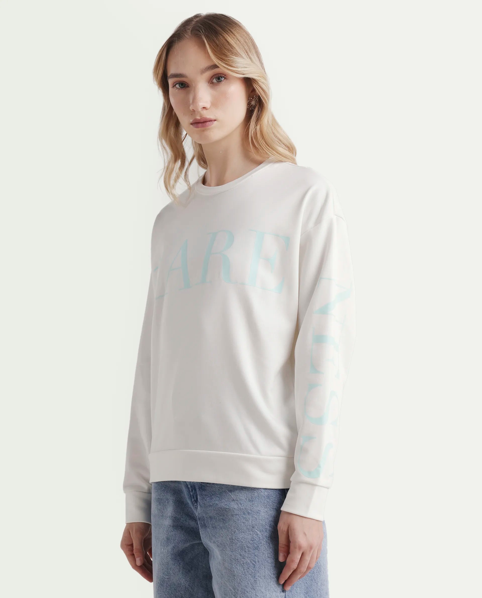 Rareism Women's Shelly Off White Polyester Blend Crew Neck Graphic Print Cuffed Sleeve Relaxed Fit Sweatshirt