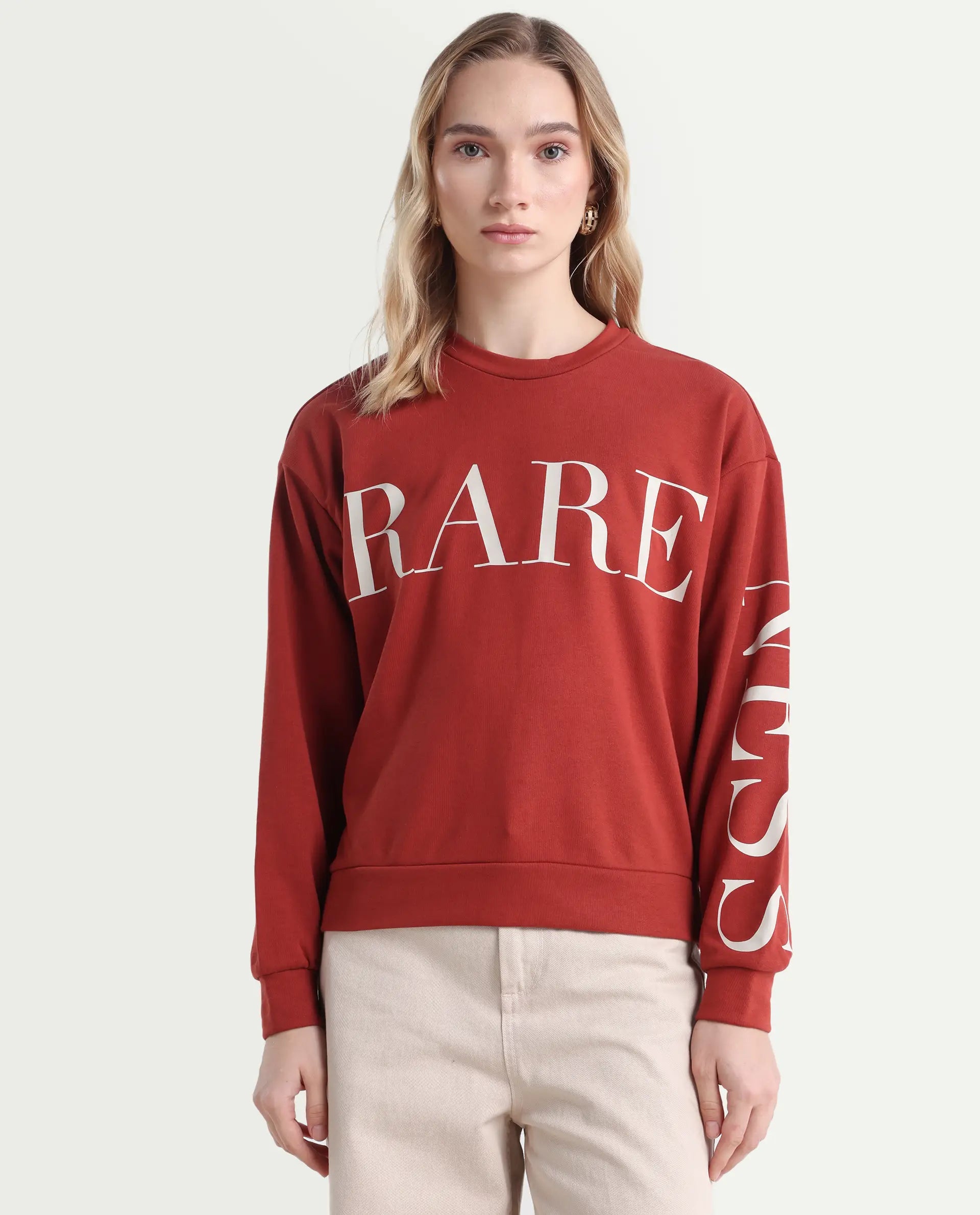 Rareism Women's Shelly Rust Polyester Blend Crew Neck Graphic Print Cuffed Sleeve Relaxed Fit Sweatshirt