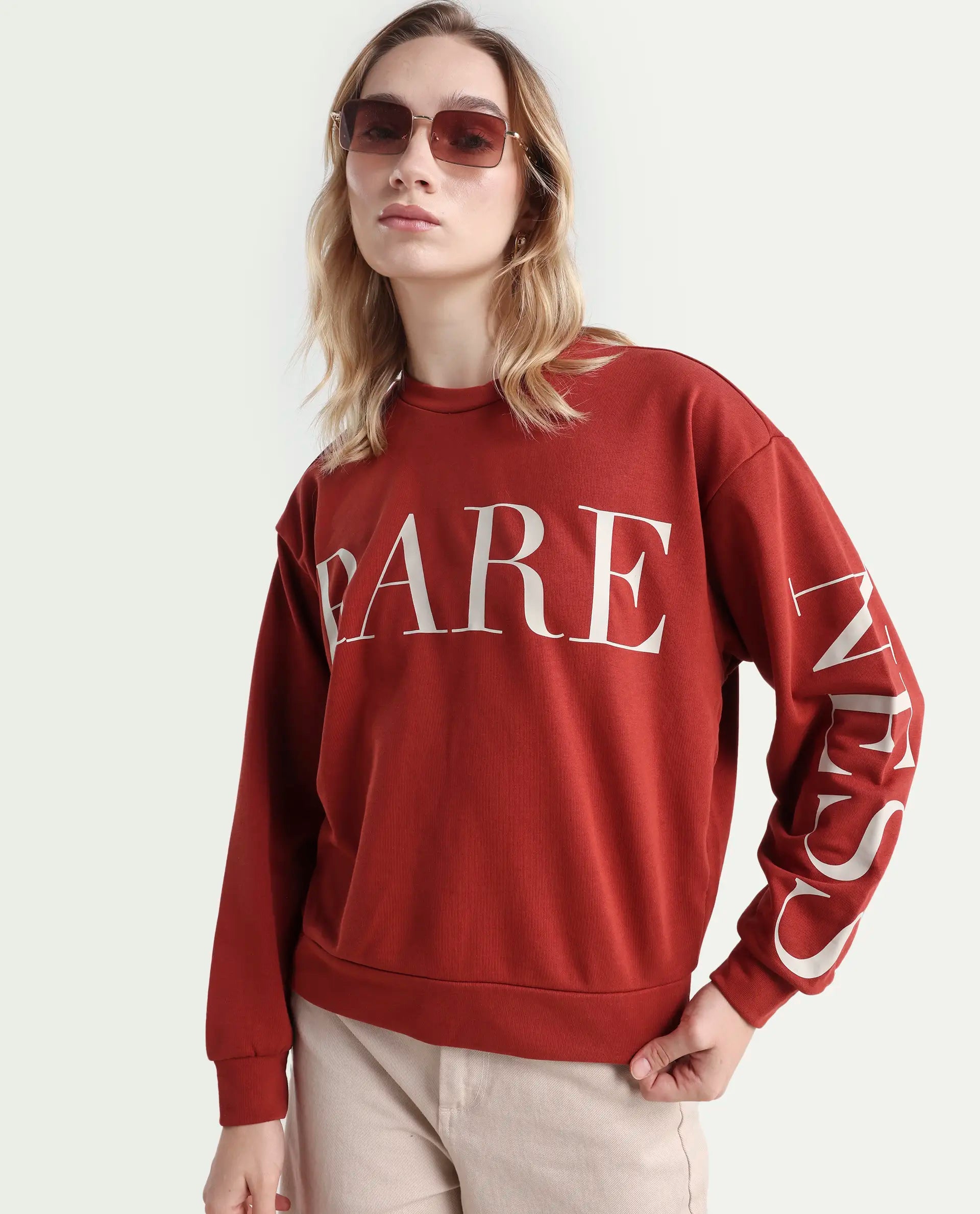 Rareism Women's Shelly Rust Polyester Blend Crew Neck Graphic Print Cuffed Sleeve Relaxed Fit Sweatshirt