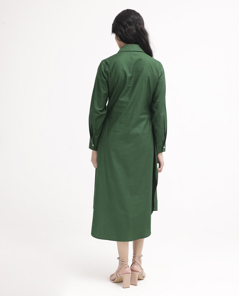 Rareism Women Shikamaru Dark Green Cuffed Sleeve Jonny Collar Button Closure Relaxed Fit Midi Plain Dress