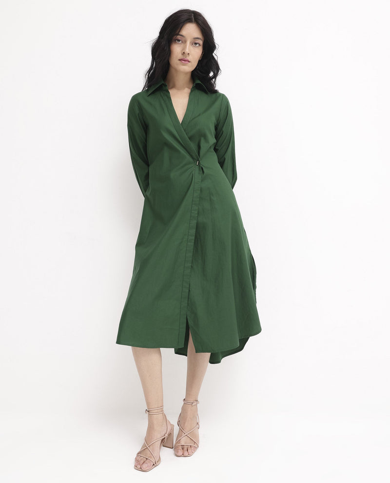 Rareism Women Shikamaru Dark Green Cuffed Sleeve Jonny Collar Button Closure Relaxed Fit Midi Plain Dress