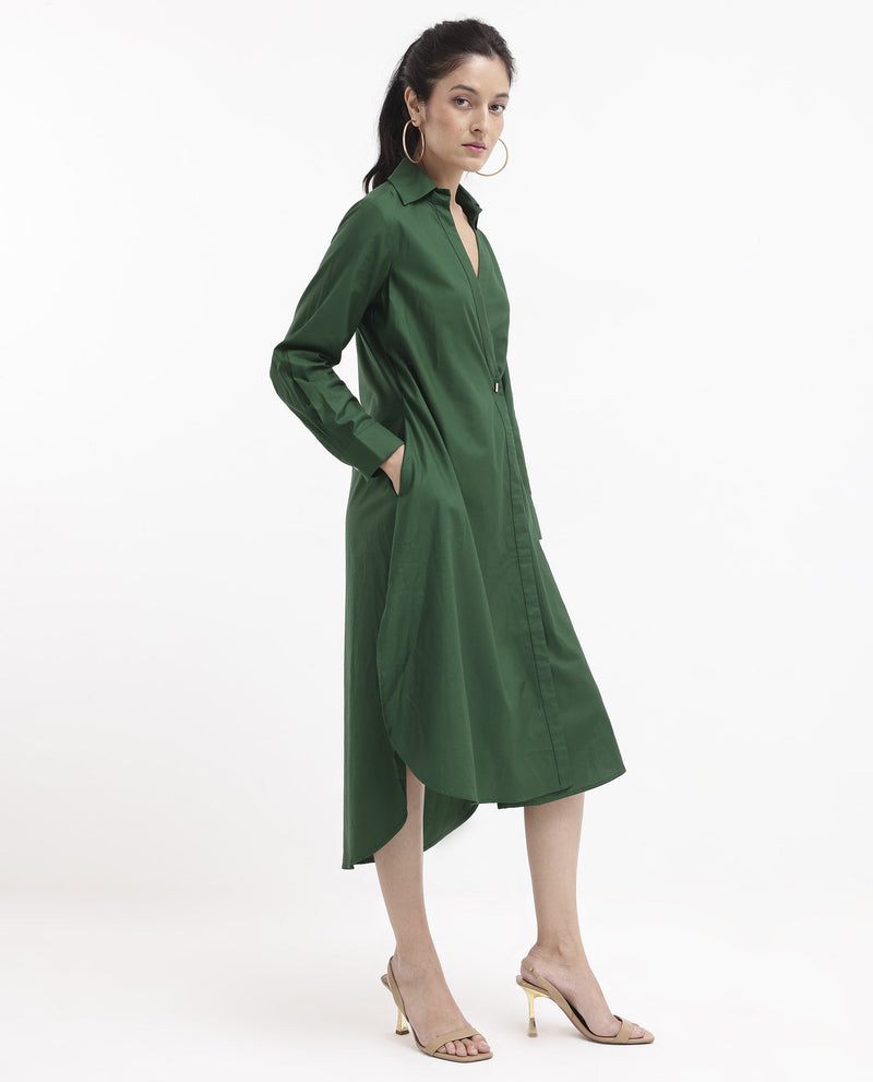 Rareism Women Shikamaru Dark Green Cuffed Sleeve Jonny Collar Button Closure Relaxed Fit Midi Plain Dress