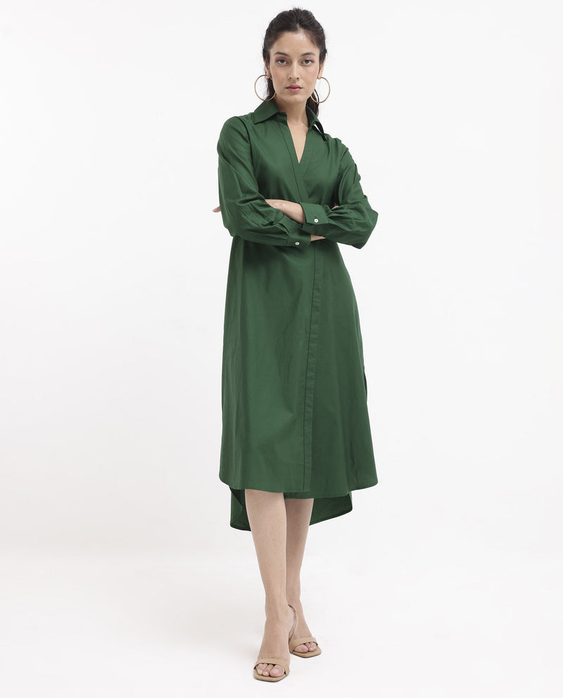 Rareism Women Shikamaru Dark Green Cuffed Sleeve Jonny Collar Button Closure Relaxed Fit Midi Plain Dress