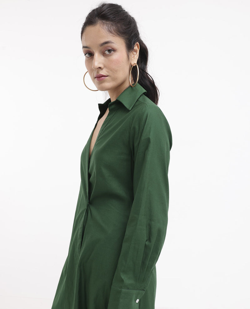 Rareism Women Shikamaru Dark Green Cuffed Sleeve Jonny Collar Button Closure Relaxed Fit Midi Plain Dress