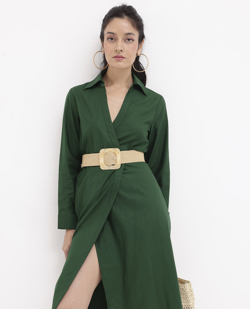 Rareism Women Shikamaru Dark Green Cuffed Sleeve Jonny Collar Button Closure Relaxed Fit Midi Plain Dress