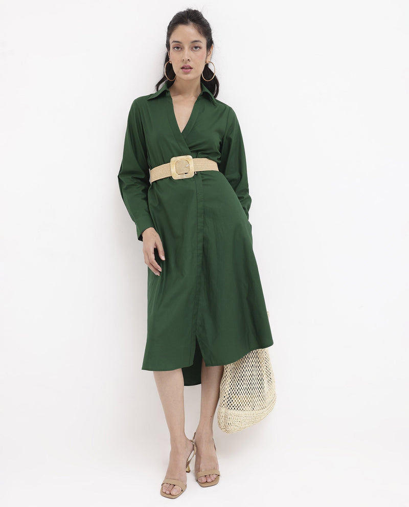 Rareism Women Shikamaru Dark Green Cuffed Sleeve Jonny Collar Button Closure Relaxed Fit Midi Plain Dress