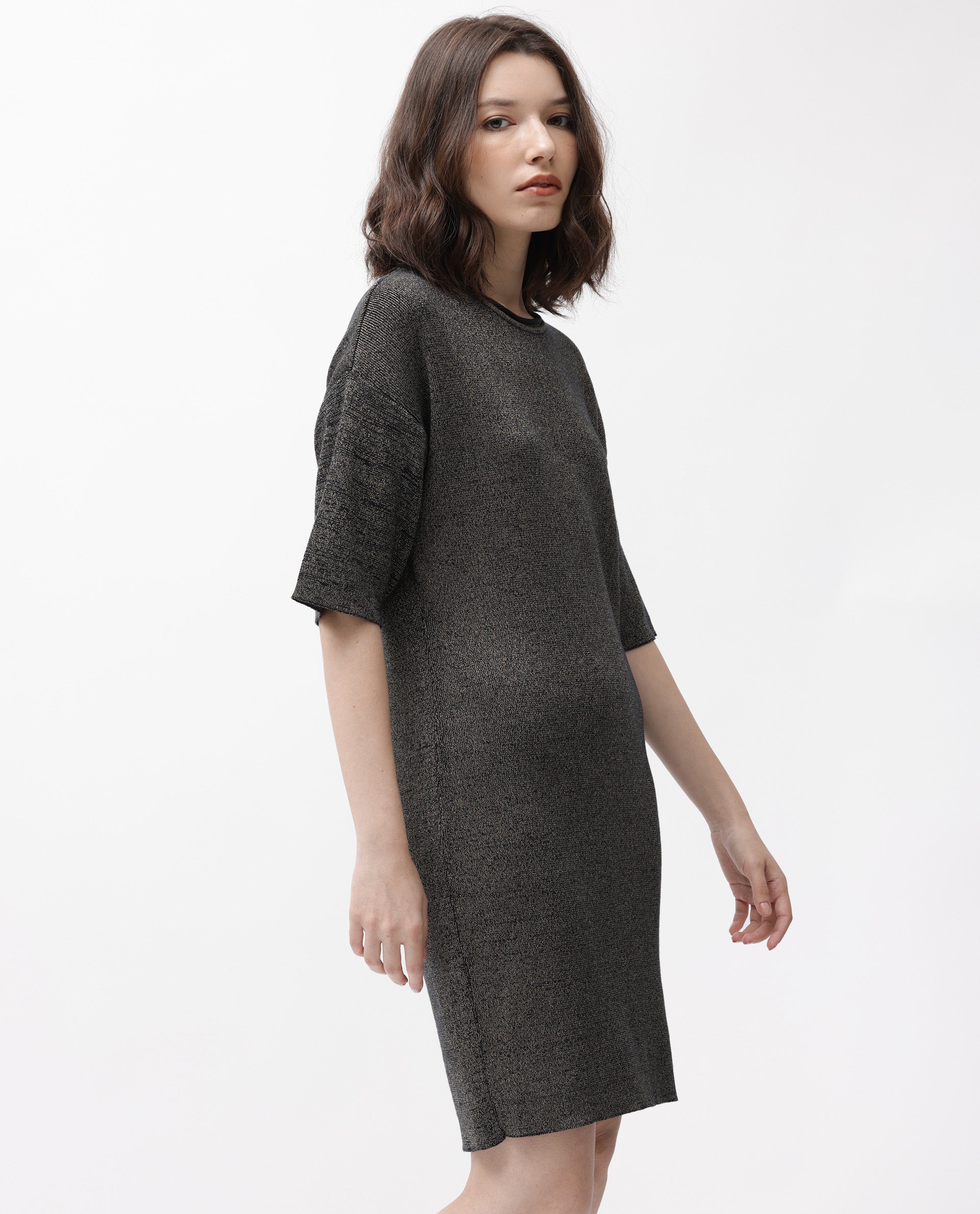 Rareism Women's Shimknit Black Cotton Boat Neck Plain Relaxed Fit Sweater