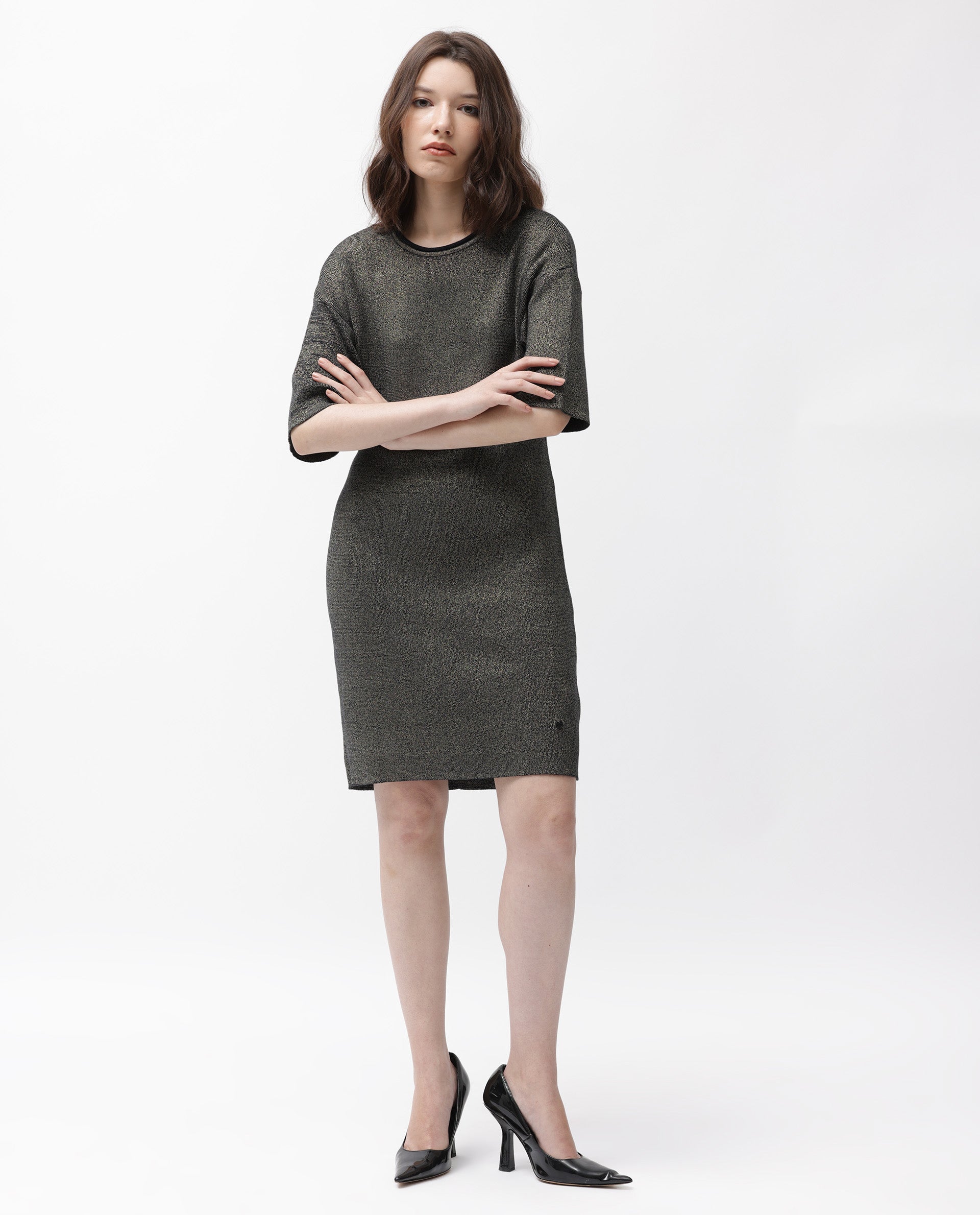 Rareism Women's Shimknit Black Cotton Boat Neck Plain Relaxed Fit Sweater