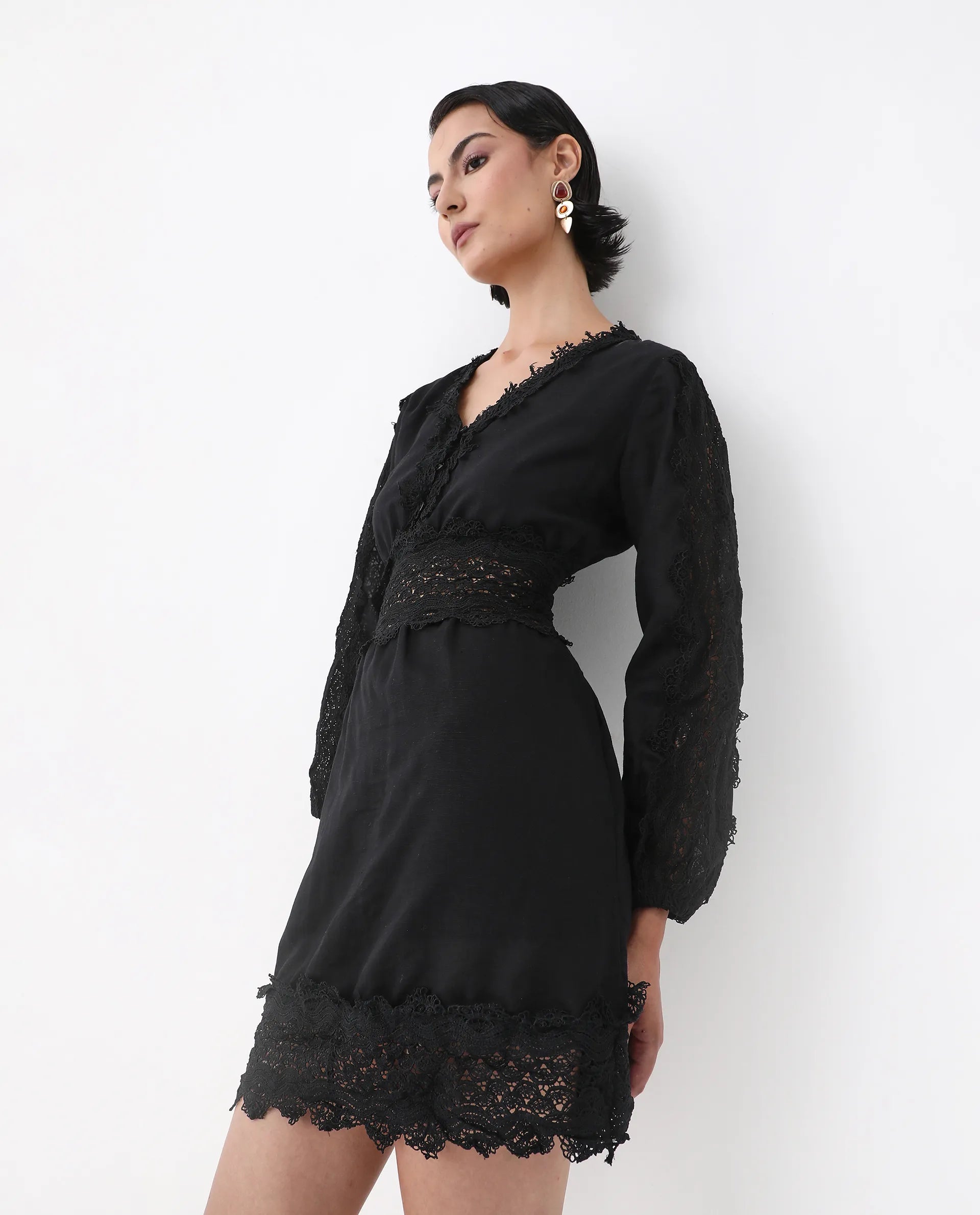 Rareism Women's Shirley Black V-Neck Plain Bishop Sleeve Mini Fit And Flare Dress