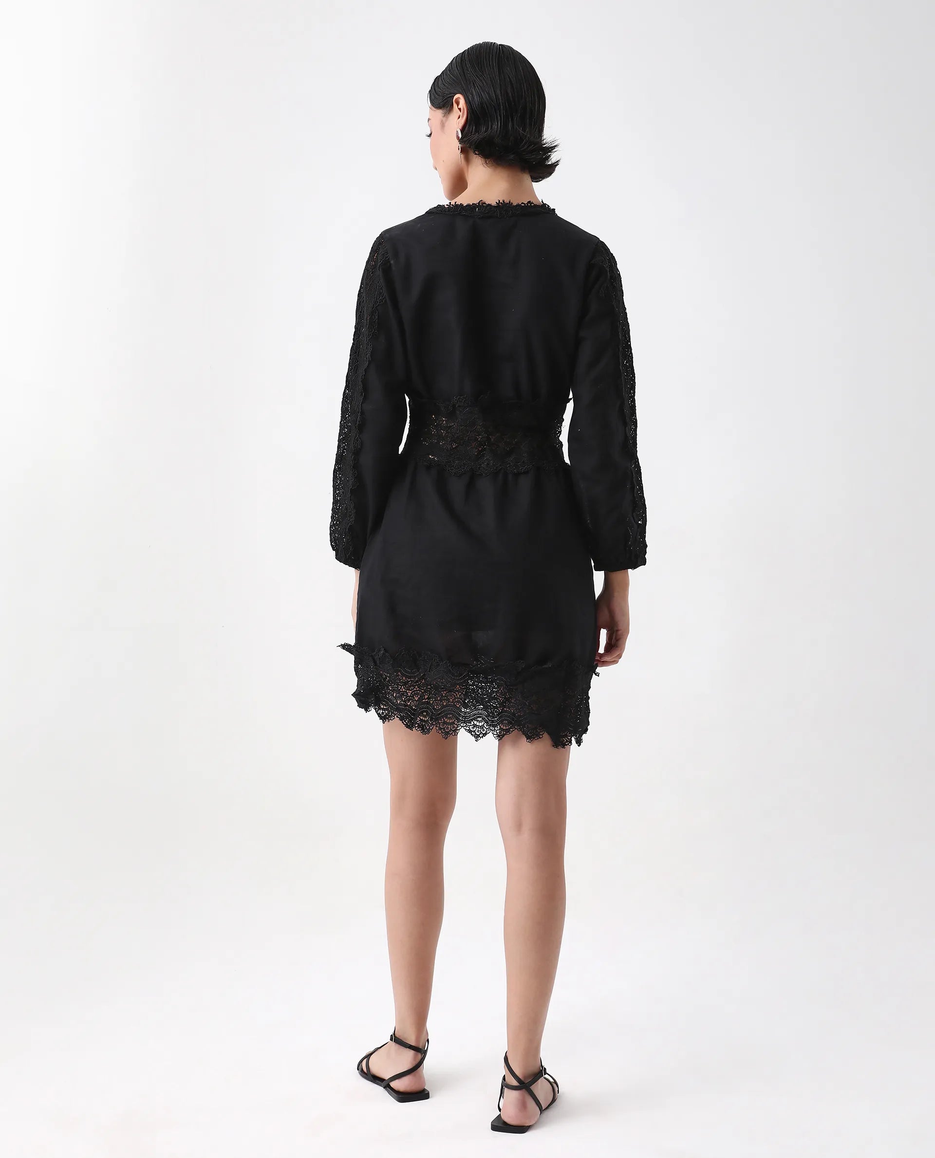 Rareism Women's Shirley Black V-Neck Plain Bishop Sleeve Mini Fit And Flare Dress