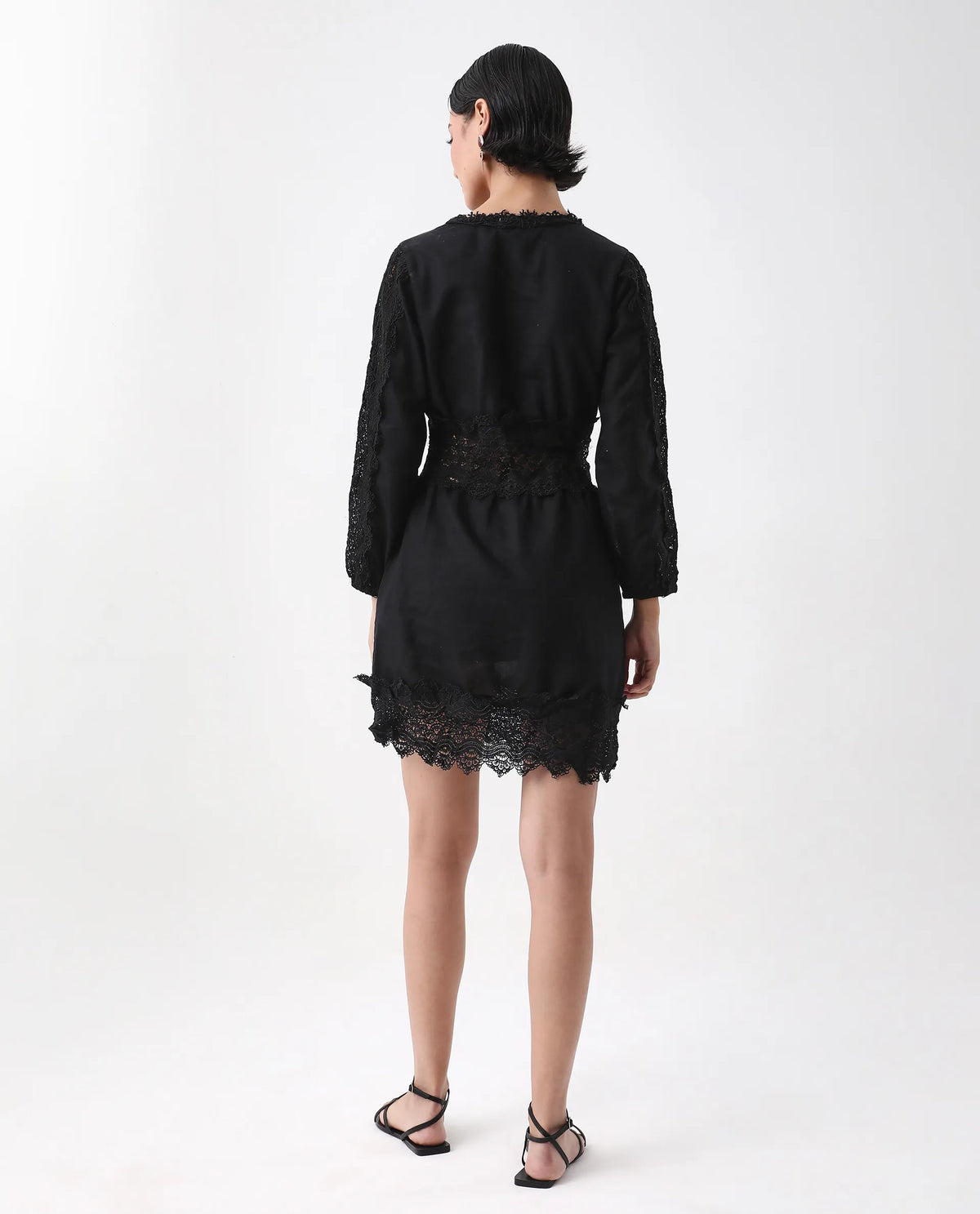 Rareism Women's Shirley Black V-Neck Plain Bishop Sleeve Mini Fit And Flare Dress