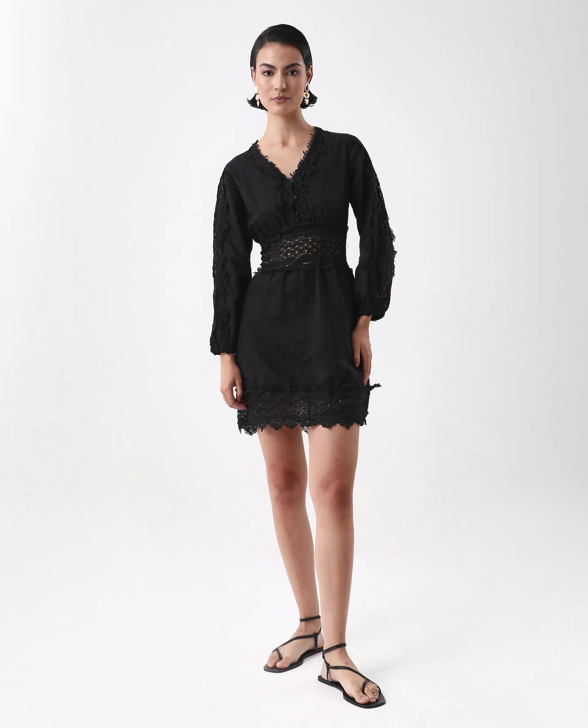 Rareism Women's Shirley Black V-Neck Plain Bishop Sleeve Mini Fit And Flare Dress