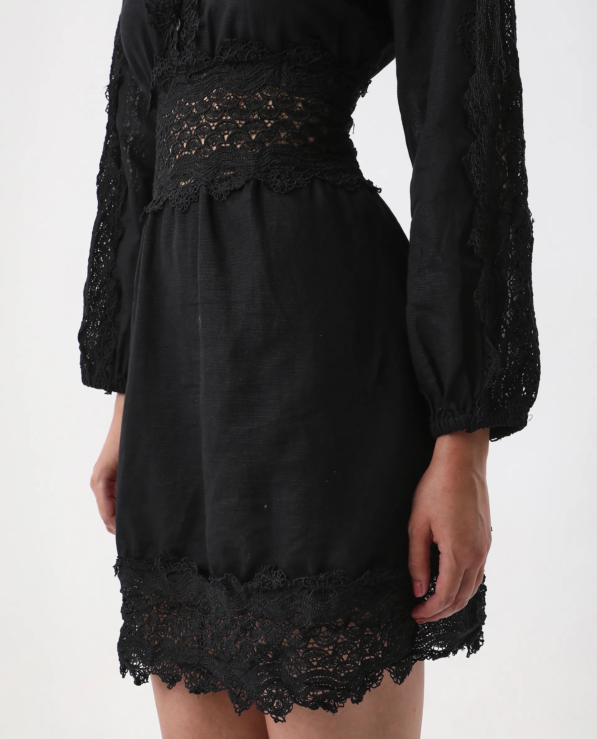 Rareism Women's Shirley Black V-Neck Plain Bishop Sleeve Mini Fit And Flare Dress