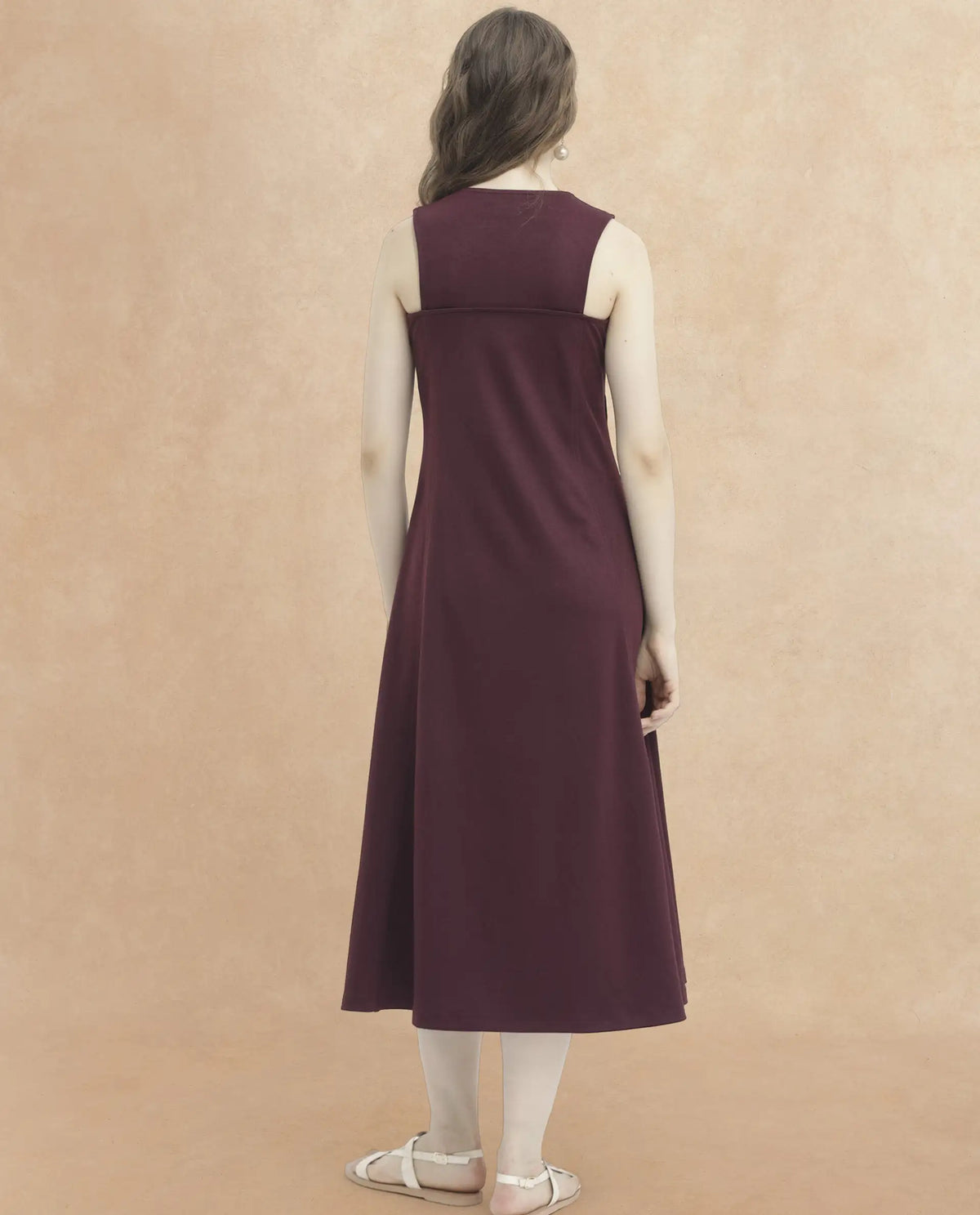 Rareism Women's Shoko Brown Polyester Crew Neck Plain Sleeveless Midi A-Line Dress