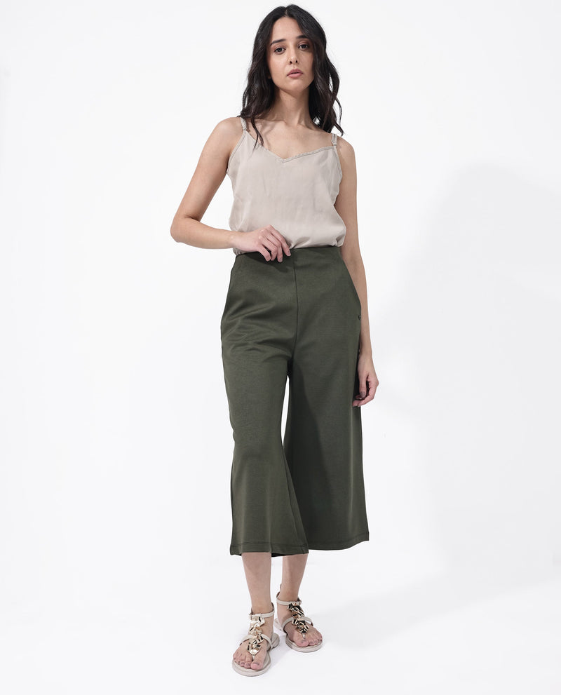 Rareism Women Shoyo Dark Green Polyester Fabric Zip Closure Flared Fit Plain Midi Culottes