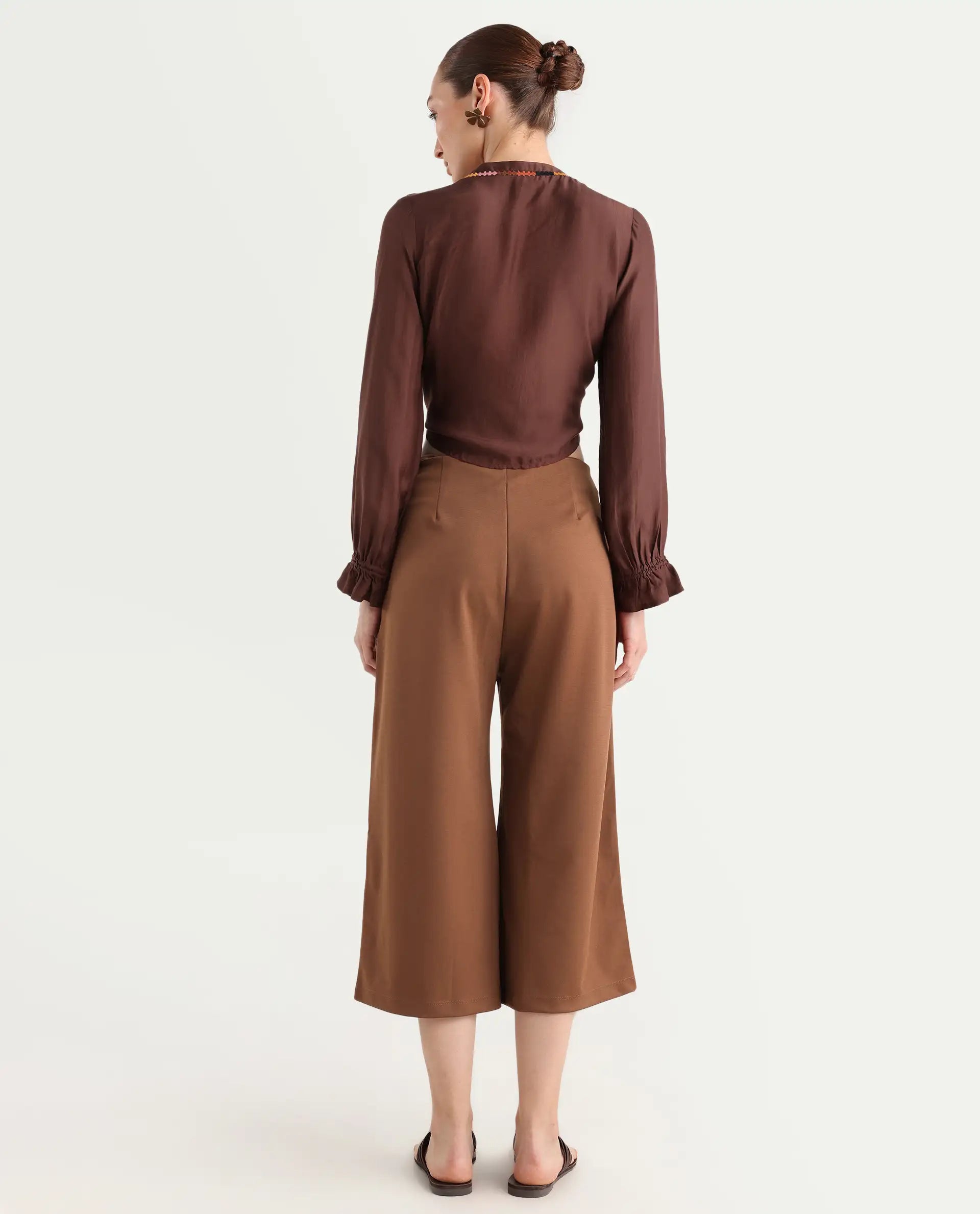 Rareism Women's Shoyo Dark Brown Polyester Plain Midi Flared Trouser