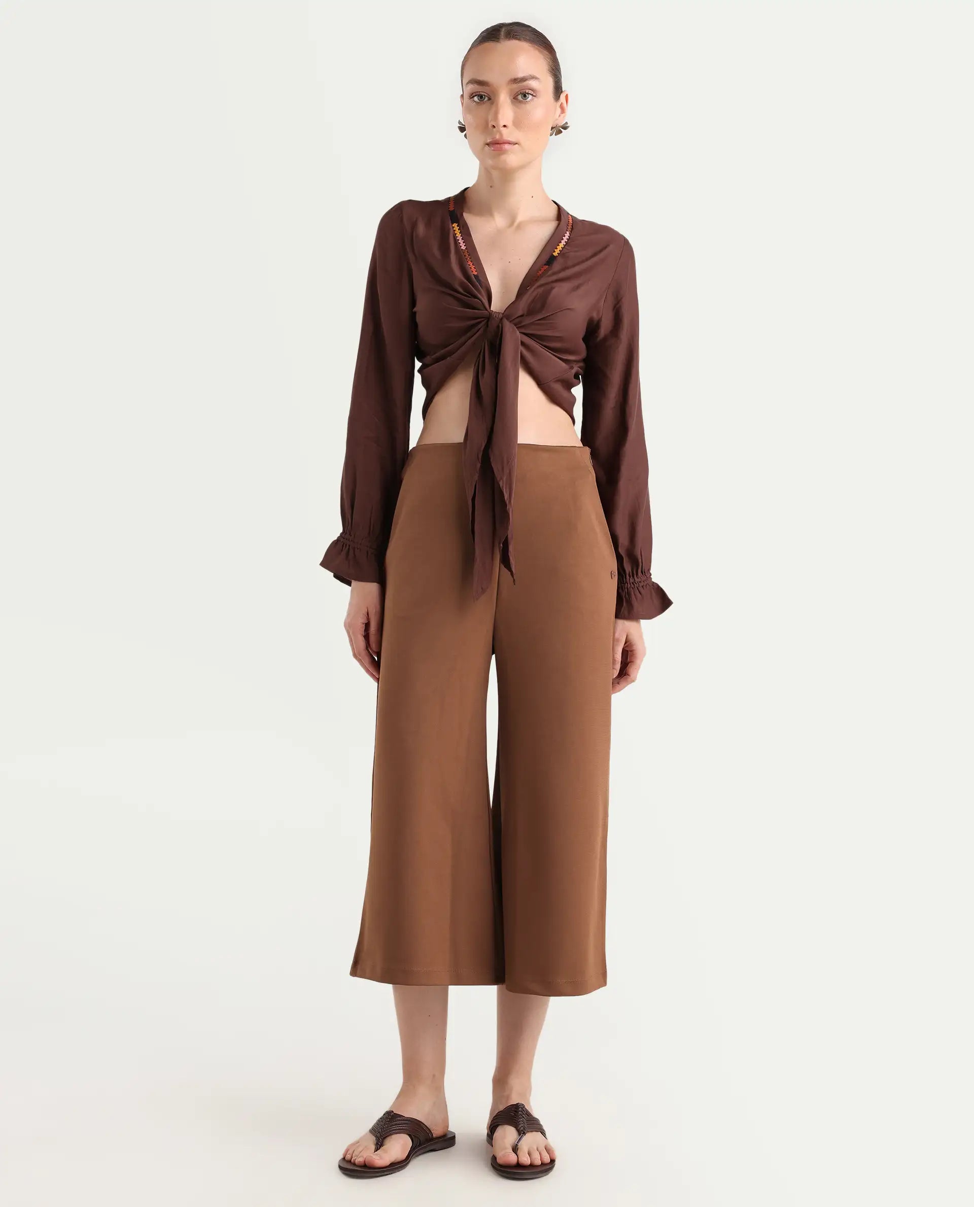 Rareism Women's Shoyo Dark Brown Polyester Plain Midi Flared Trouser