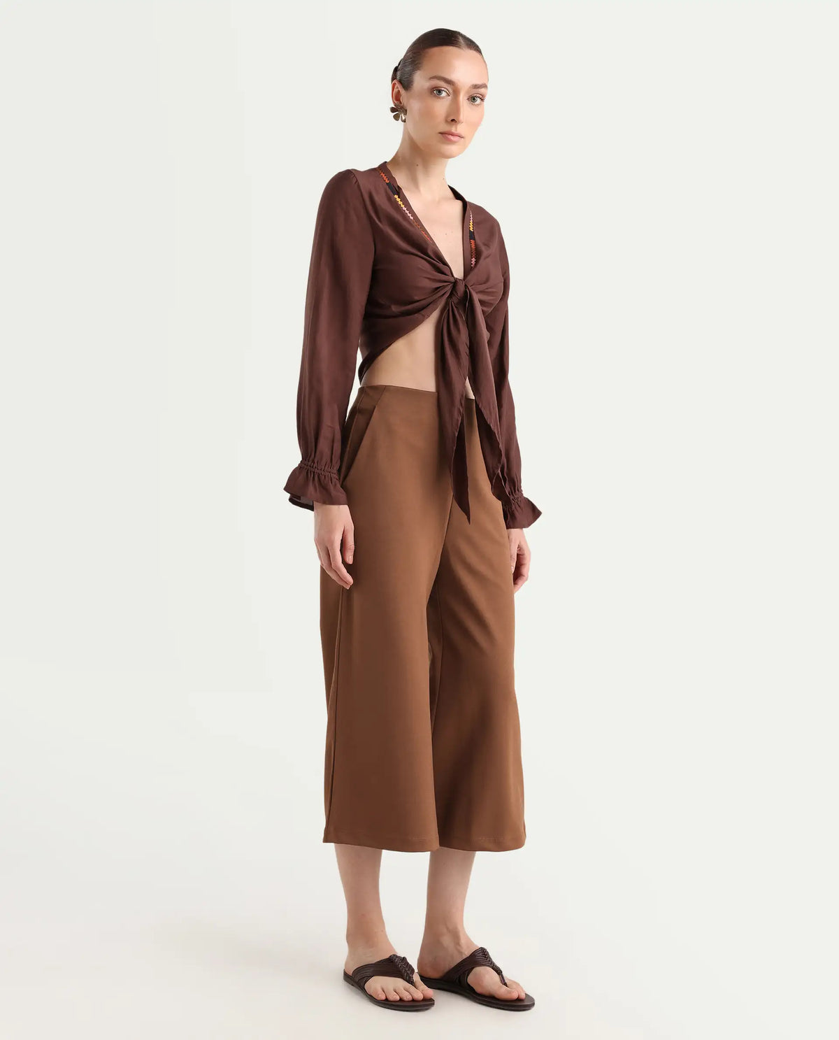 Rareism Women's Shoyo Dark Brown Polyester Plain Midi Flared Trouser