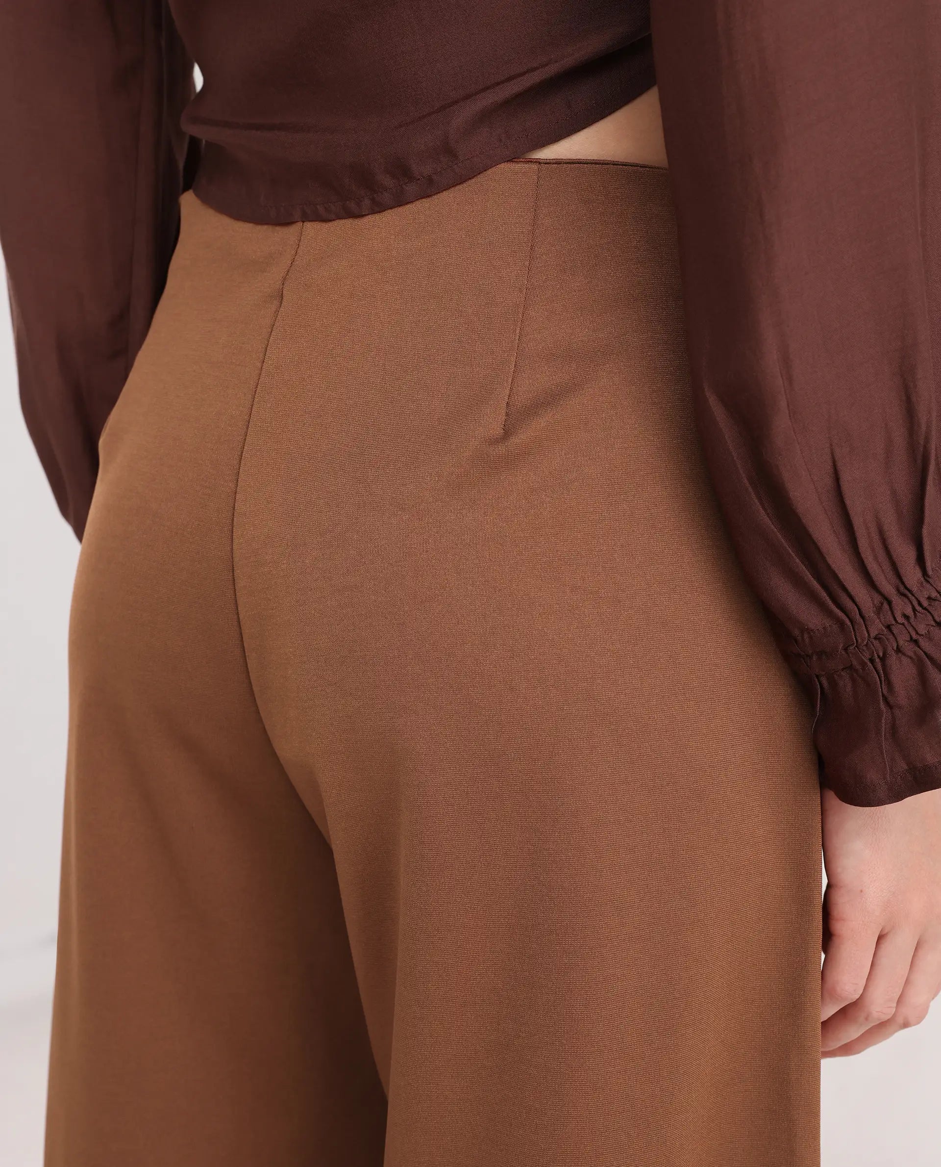 Rareism Women's Shoyo Dark Brown Polyester Plain Midi Flared Trouser