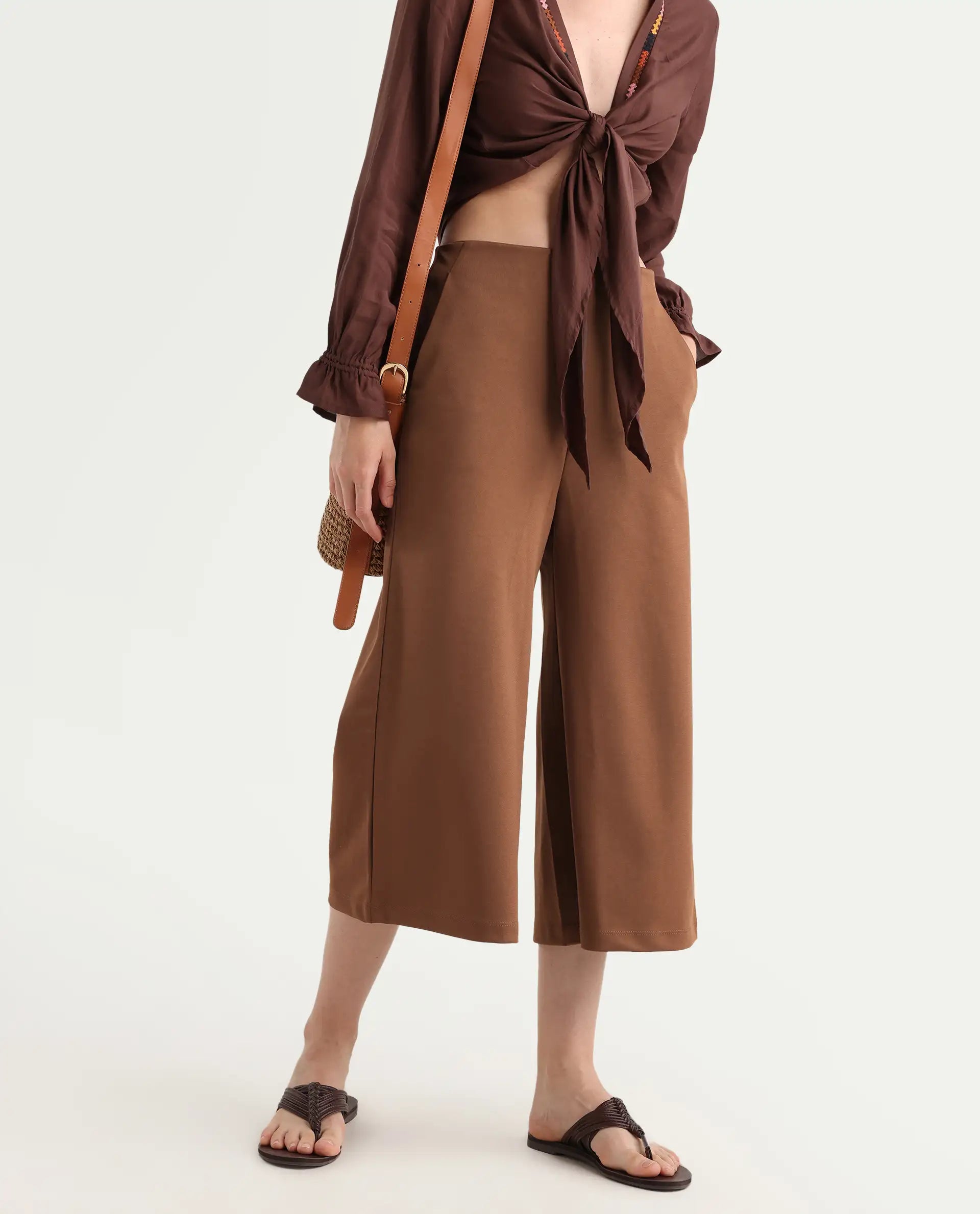 Rareism Women's Shoyo Dark Brown Polyester Plain Midi Flared Trouser