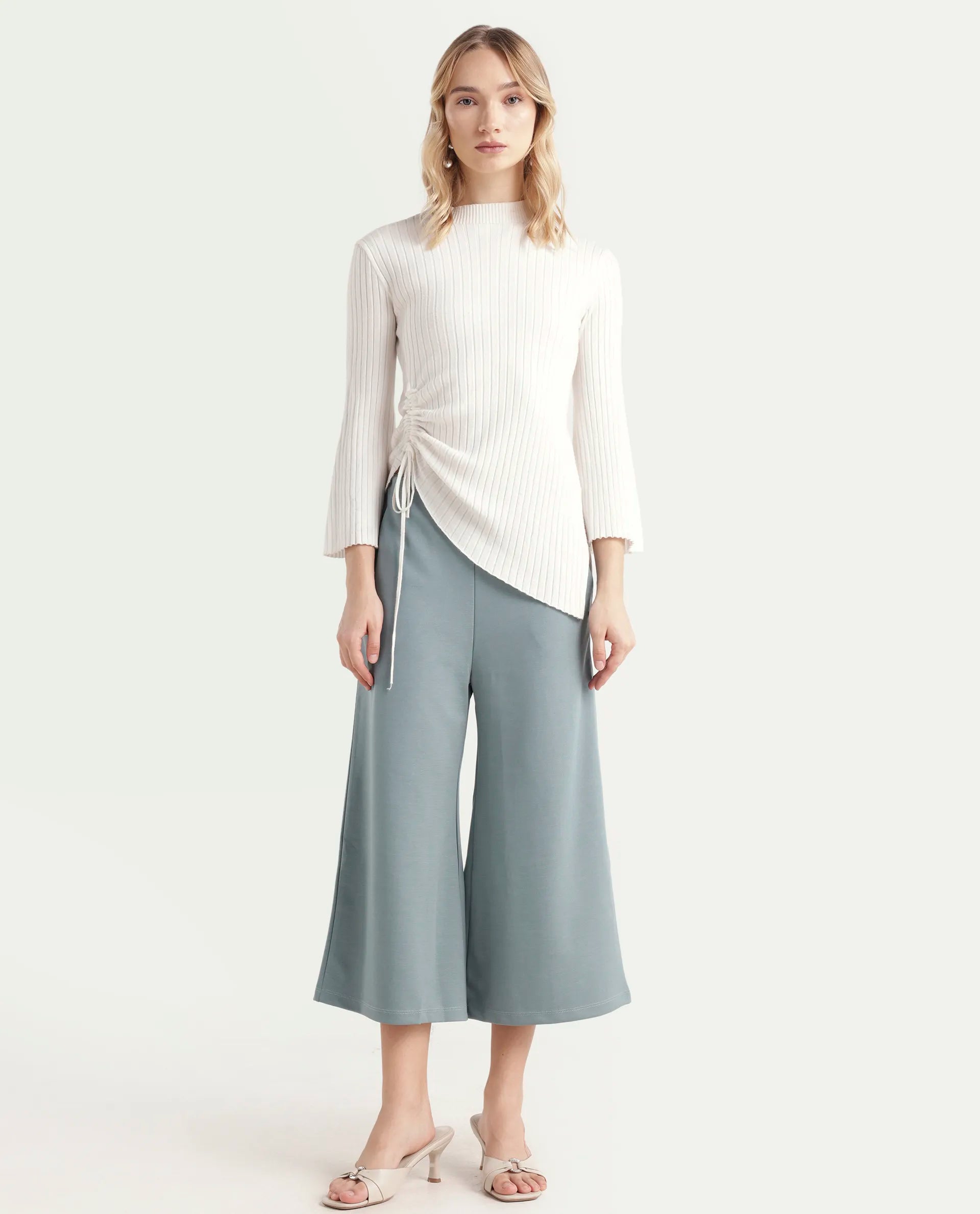 Rareism Women's Shoyo Light Green Polyester Plain Midi Flared Trouser