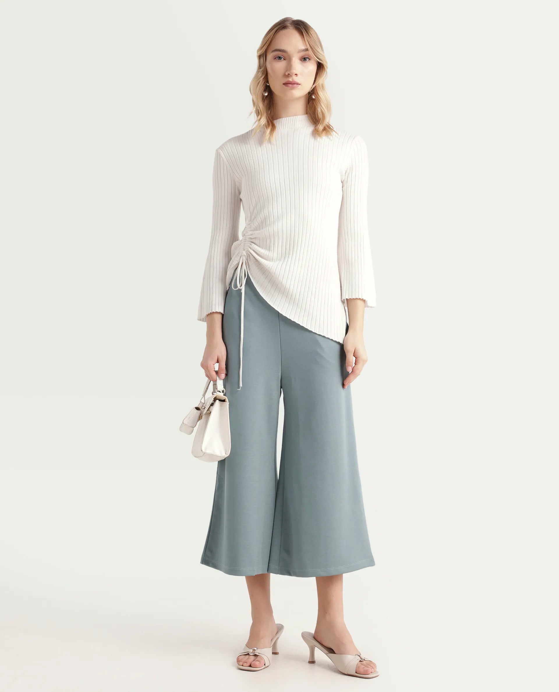 Rareism Women's Shoyo Light Green Polyester Plain Midi Flared Trouser