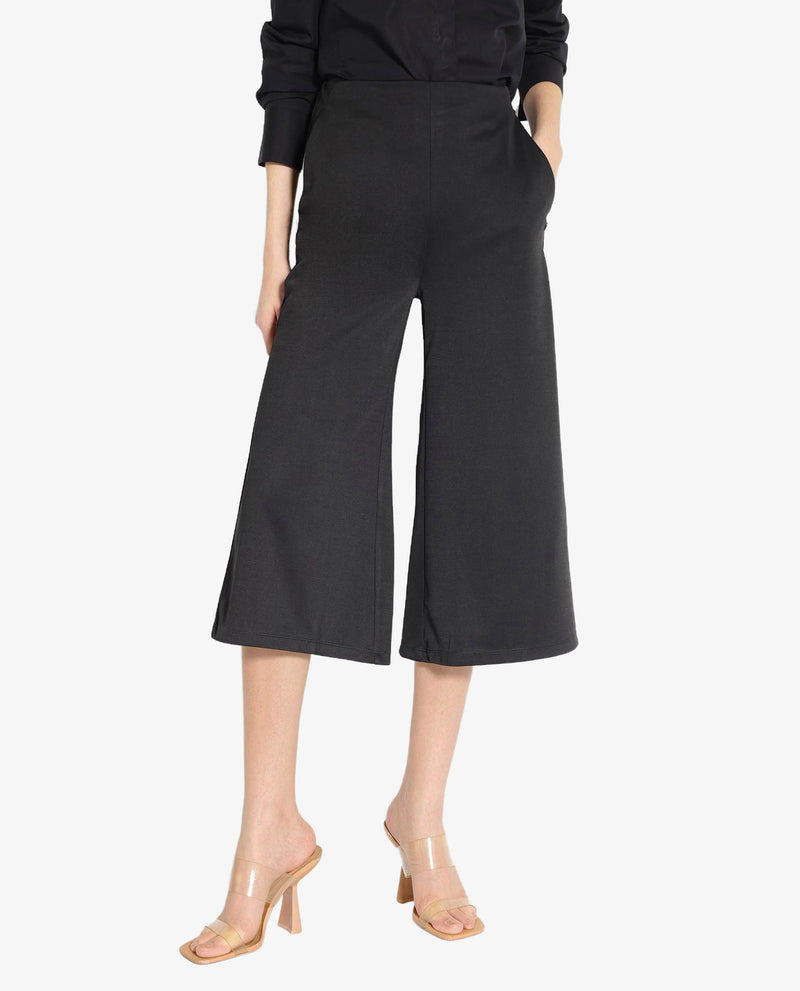 Rareism Women Shoyo Black Polyester Fabric Zip Closure Flared Fit Plain Midi Culottes