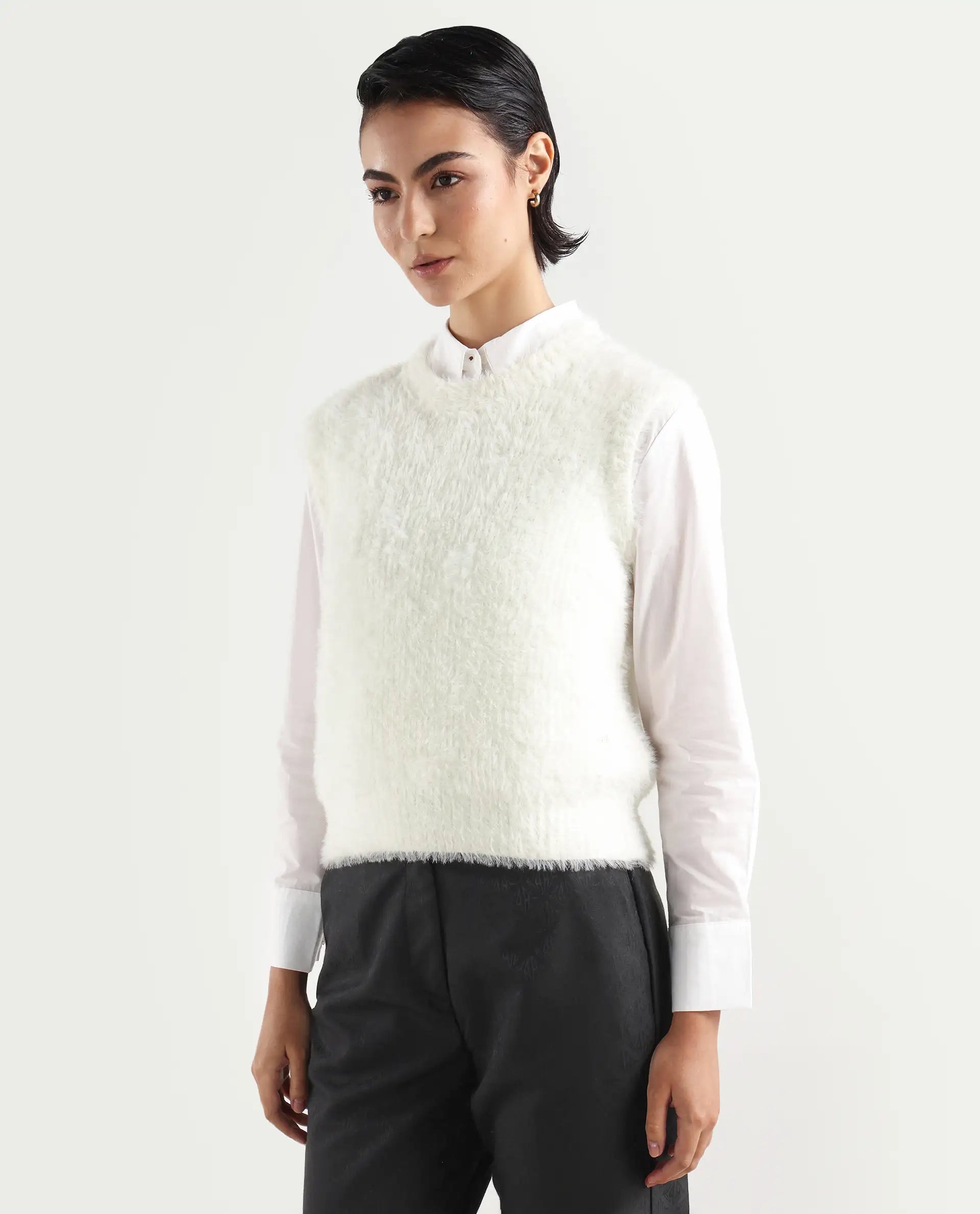 Rareism Women's Sielo White Nylon Crew Neck Plain Sleeveless Relaxed Fit Sweater