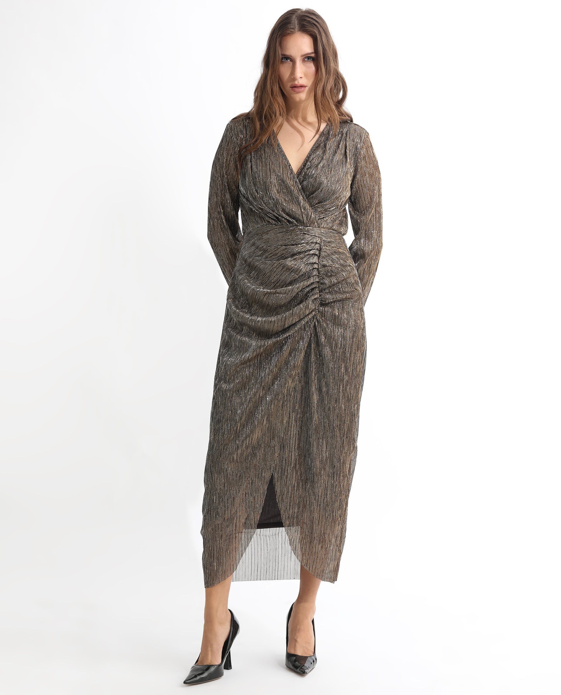 Rareism Women Siga Metallic Gold Overlap V Neck Full Sleeves Gathered Front Panel Shimmer Party Midi Dress