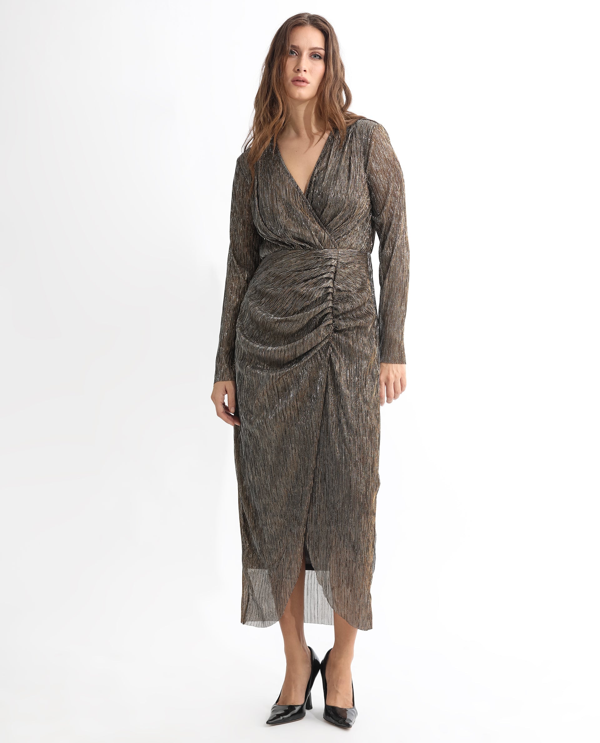 Rareism Women Siga Metallic Gold Overlap V Neck Full Sleeves Gathered Front Panel Shimmer Party Midi Dress