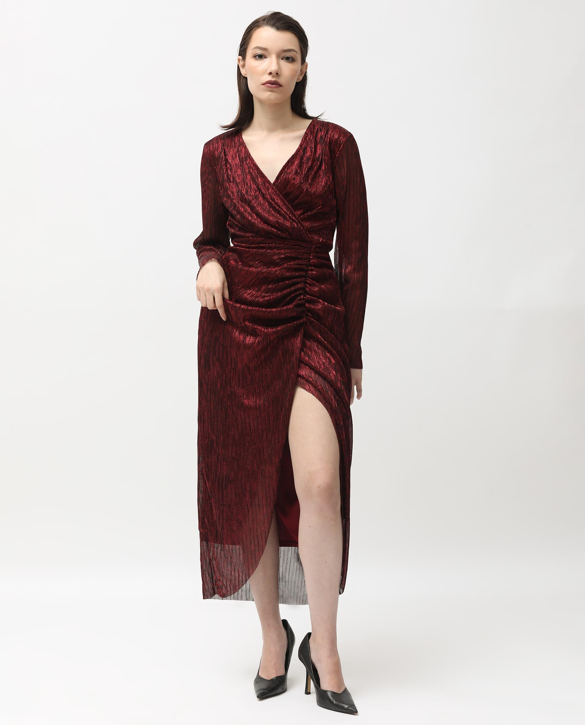 Rareism Women Siga Metallic Red Poly Lycra Fabric Full Sleeves Regular Fit Shimmer Maxi Empire Dress