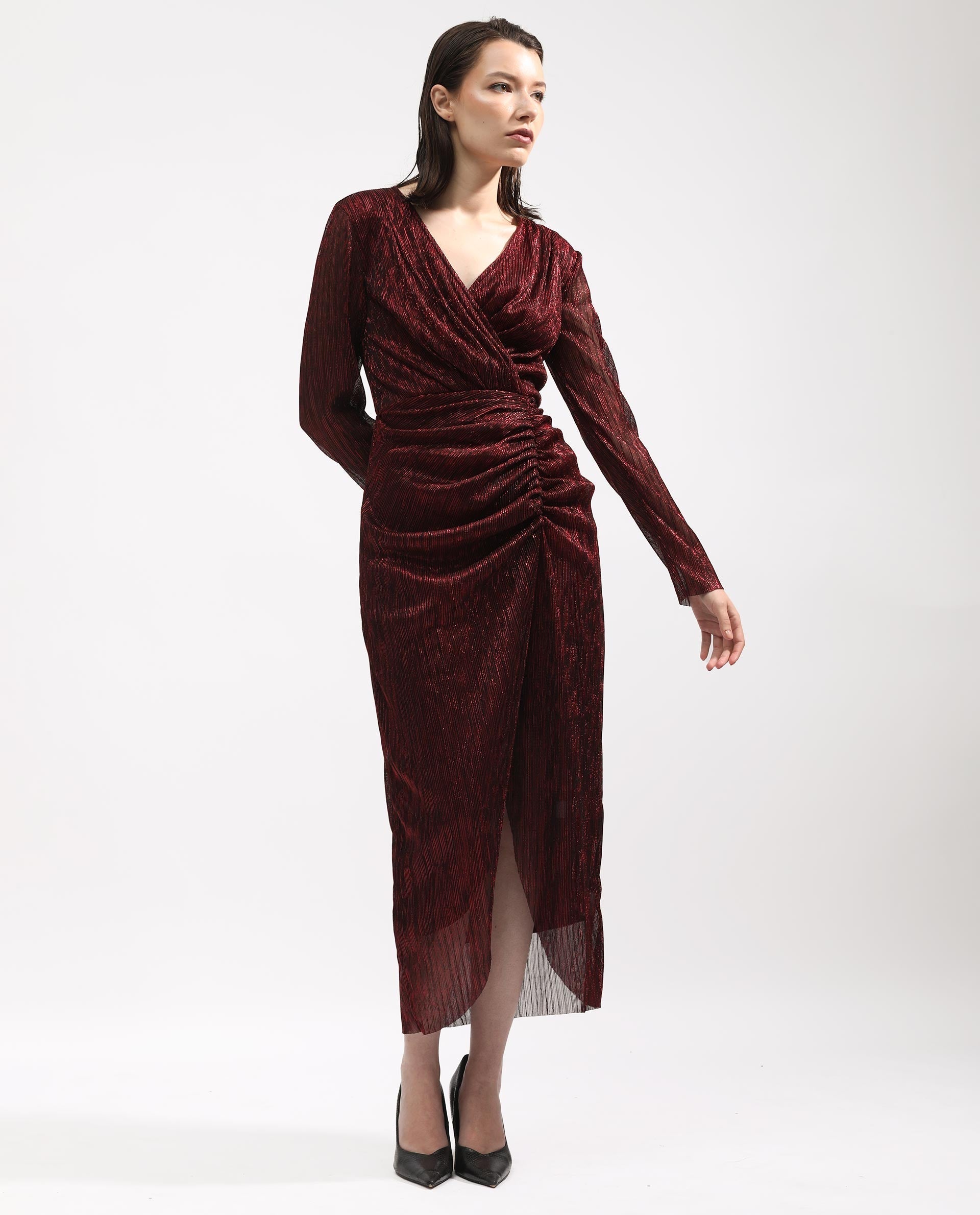 Rareism Women Siga Metallic Red Poly Lycra Fabric Full Sleeves Regular Fit Shimmer Maxi Empire Dress