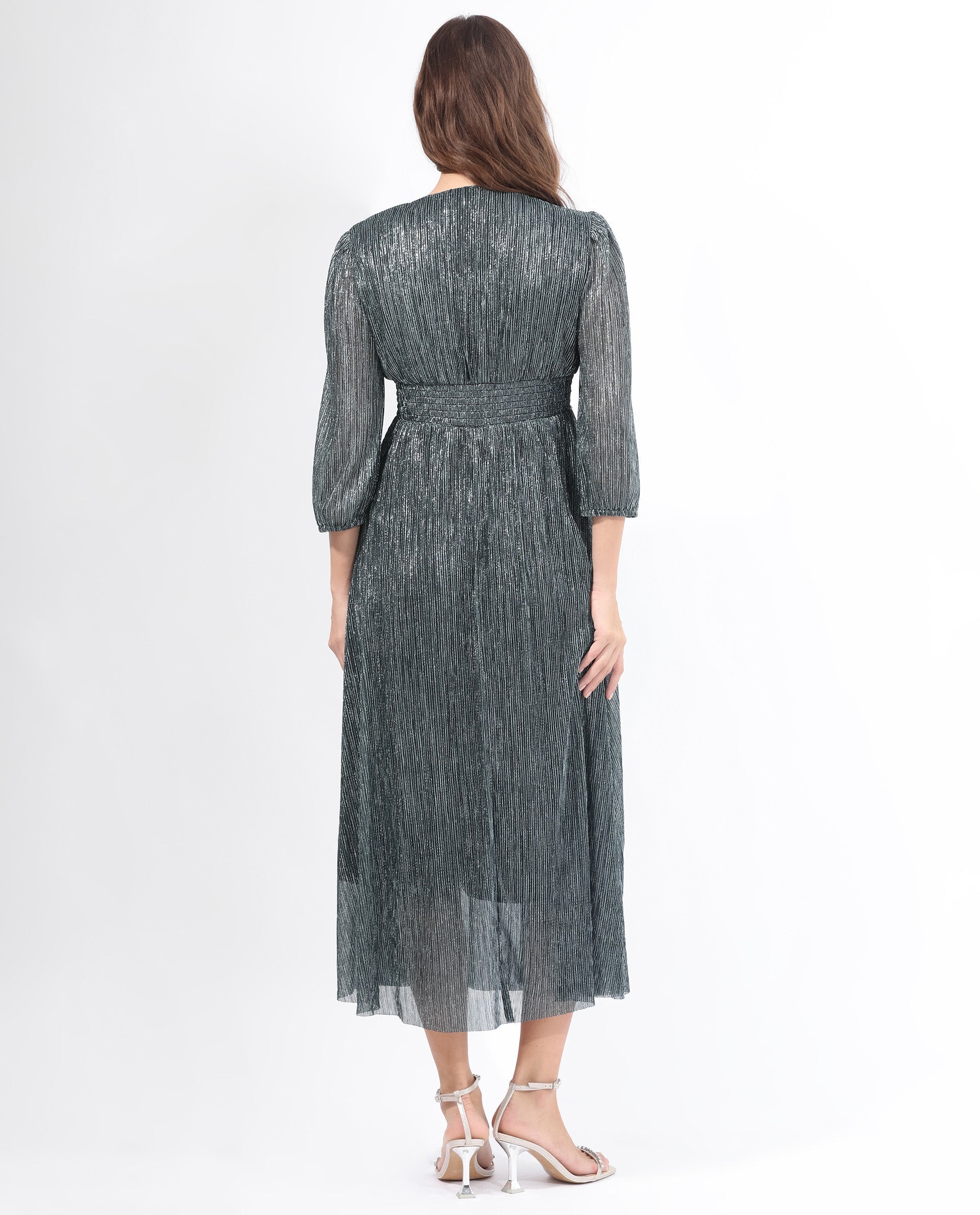 Rareism Women's Daso Metalic Silver Polyester Overlap Neck Shimmer Balloon Sleeve Maxi Fit And Flare Dress