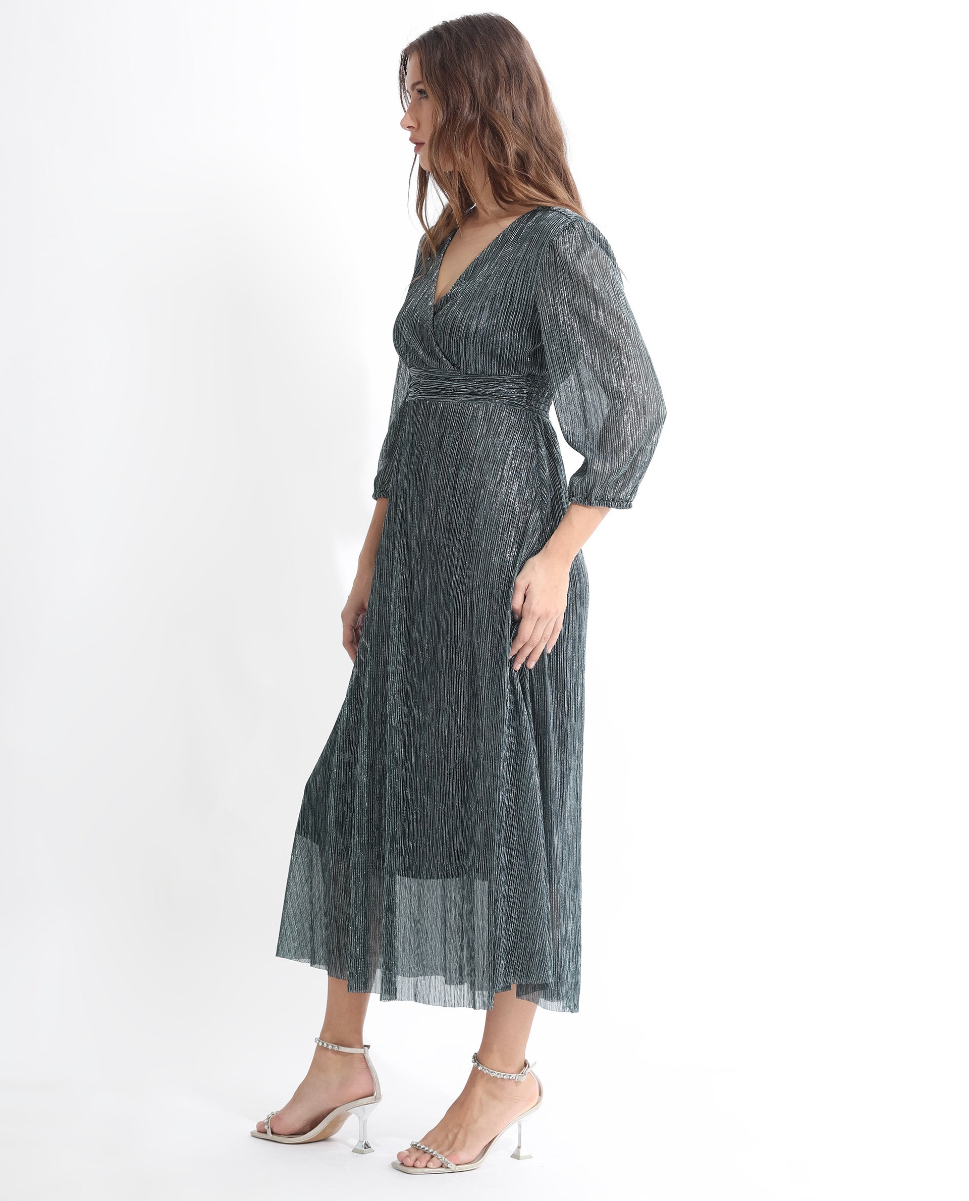 Rareism Women's Daso Metalic Silver Polyester Overlap Neck Shimmer Balloon Sleeve Maxi Fit And Flare Dress