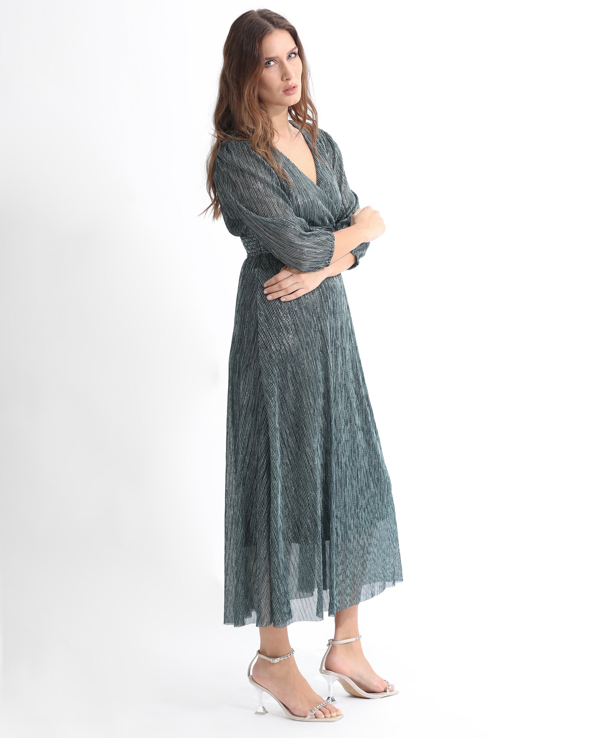 Rareism Women's Daso Metalic Silver Polyester Overlap Neck Shimmer Balloon Sleeve Maxi Fit And Flare Dress