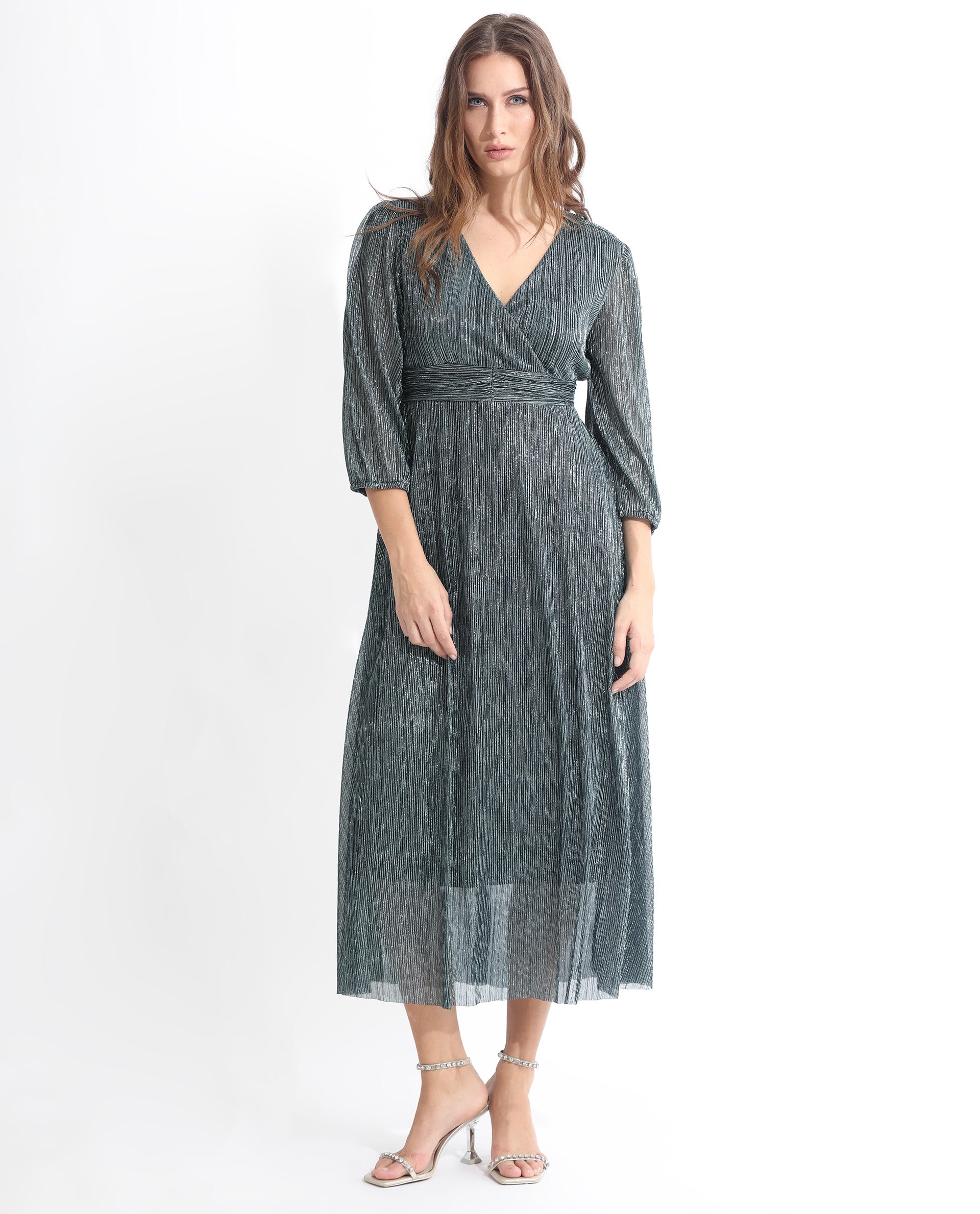 Rareism Women's Daso Metalic Silver Polyester Overlap Neck Shimmer Balloon Sleeve Maxi Fit And Flare Dress