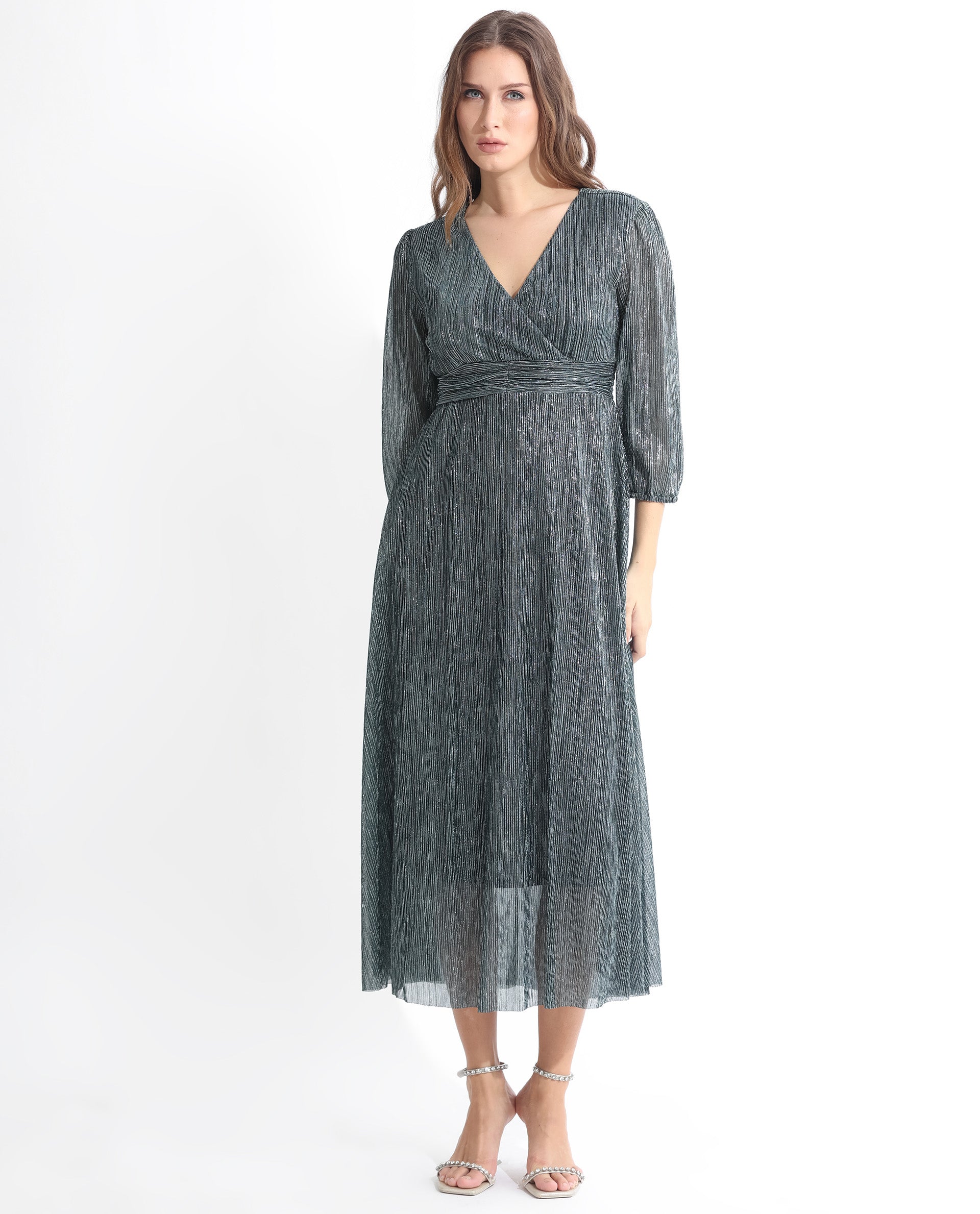 Rareism Women Daso Metallic Silver Polyester Fabric 3/4Th Sleeves Zip Closure Balloon Sleeve Fit And Flare Shimmer Maxi Empire Dress