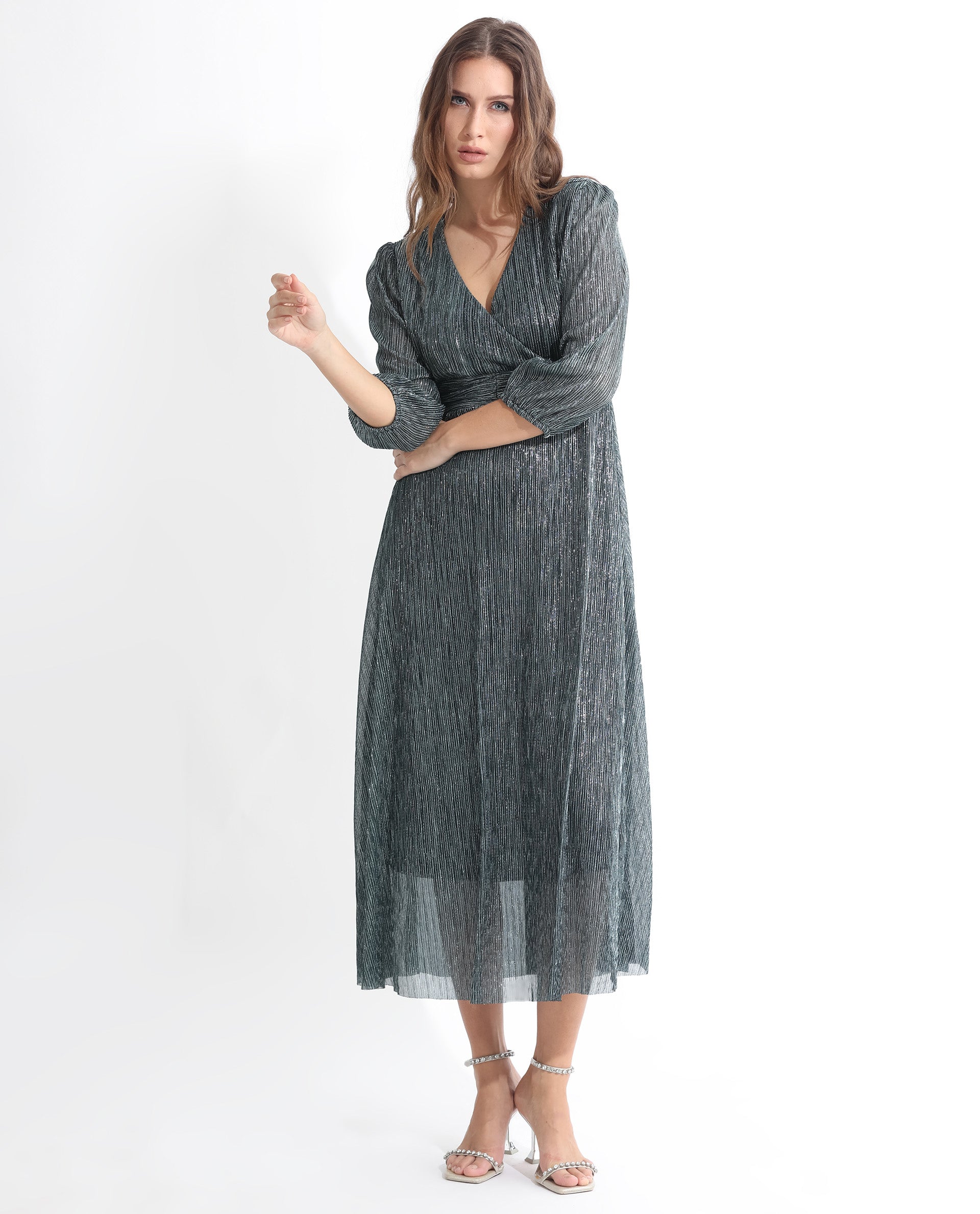 Rareism Women's Daso Metalic Silver Polyester Overlap Neck Shimmer Balloon Sleeve Maxi Fit And Flare Dress