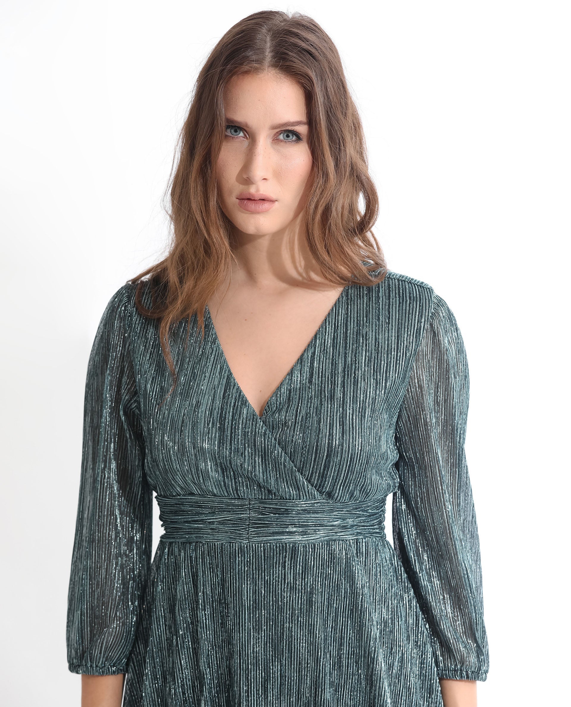 Rareism Women Daso Metallic Silver Polyester Fabric 3/4Th Sleeves Zip Closure Balloon Sleeve Fit And Flare Shimmer Maxi Empire Dress