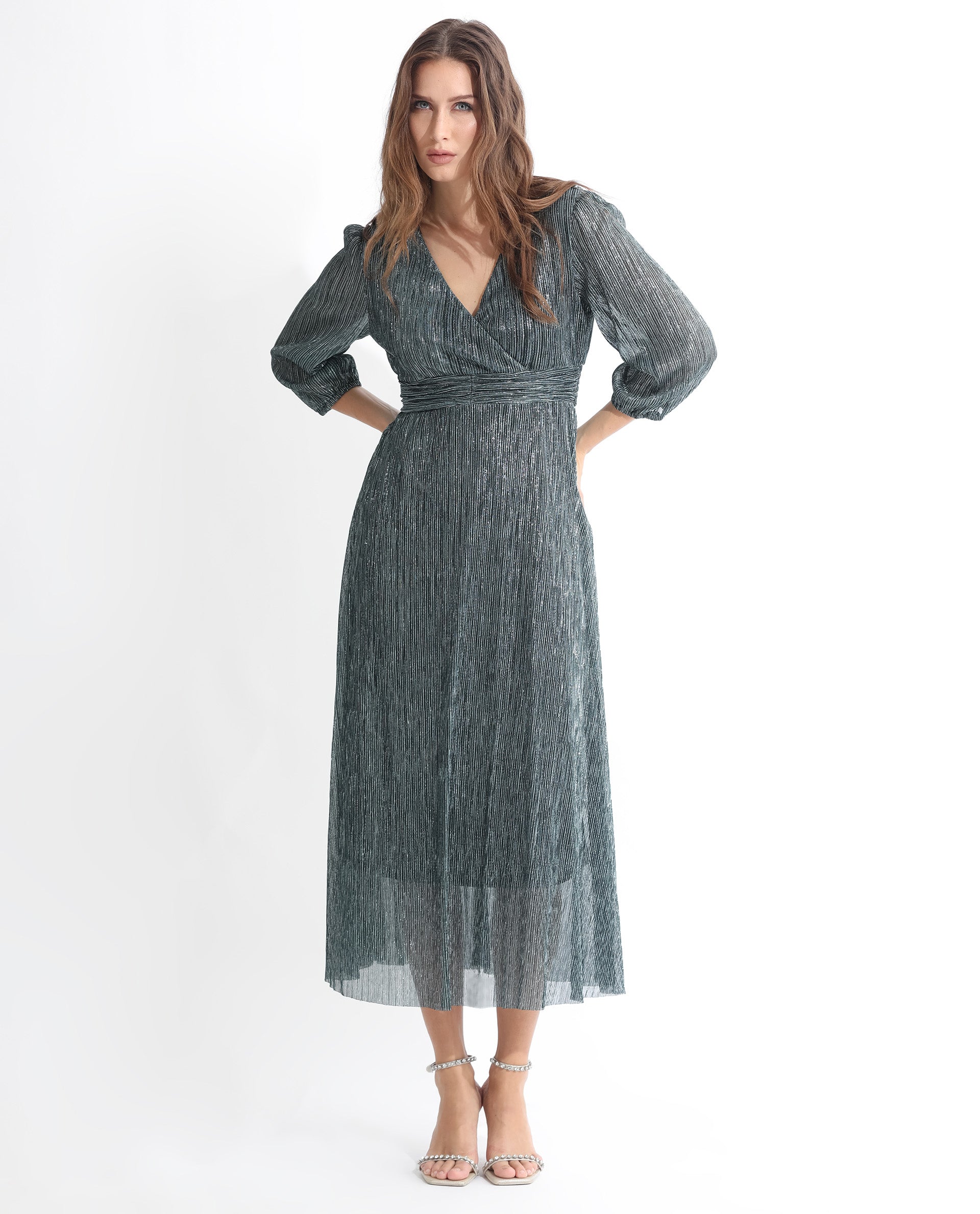 Rareism Women Daso Metallic Silver Polyester Fabric 3/4Th Sleeves Zip Closure Balloon Sleeve Fit And Flare Shimmer Maxi Empire Dress