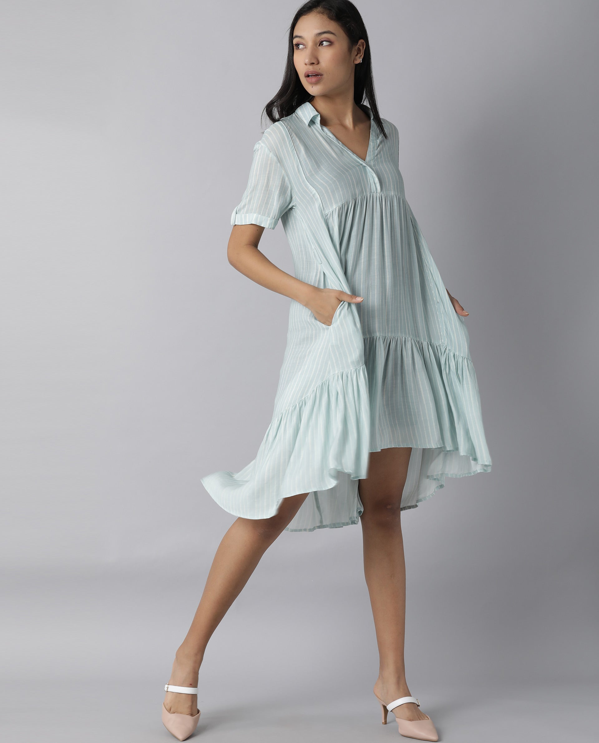 Rareism Women Simmer Blue Dress Short Sleeves Printed